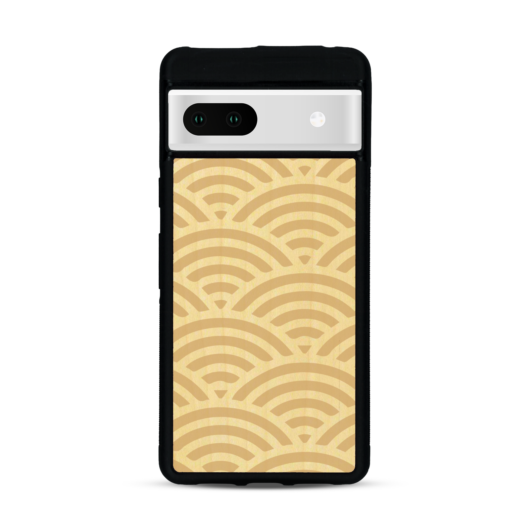 Coque de protection en bois véritable fabriquée en France pour  baptisée "La Sinjak" avec un motif de gravure abstrait représentant la répétition d'un symbole wifi