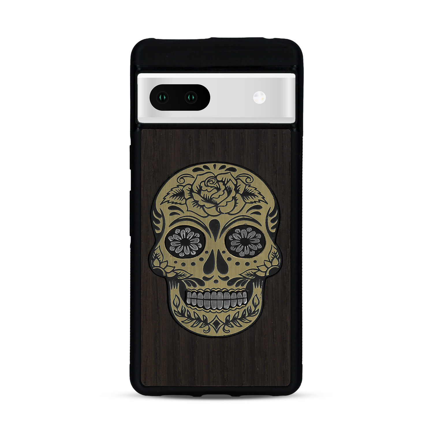 Coque de protection en bois véritable fabriquée en France pour  alliant du chêne fumé avec du métal argenté et doré représentant une tête de mort mexicaine sur le thème Dia de los Muertos