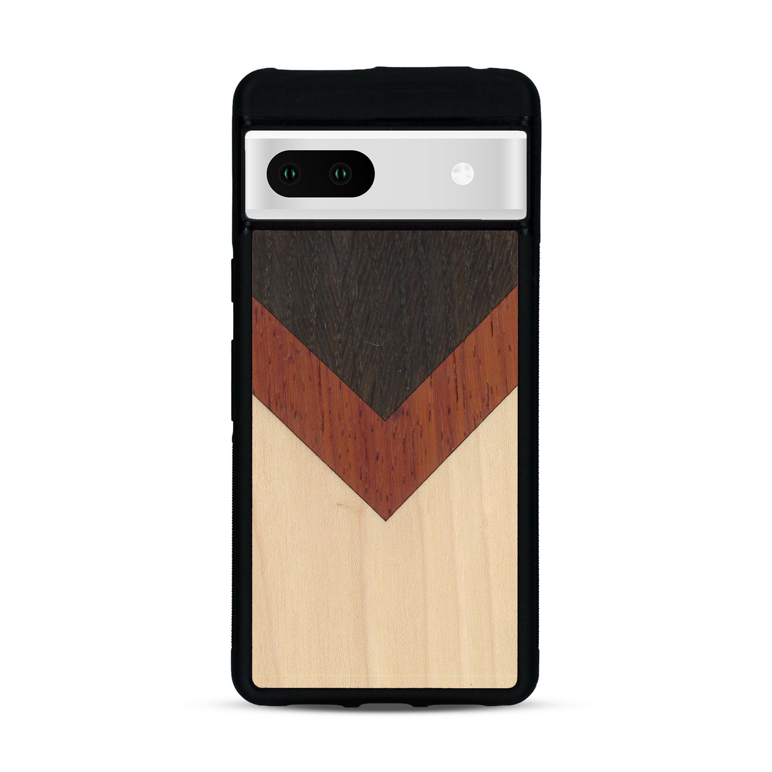 Coque de protection en bois véritable fabriquée en France pour  alliant du chêne fumé, du padouk et du bambou en forme de chevron sur le thème de l'art abstrait