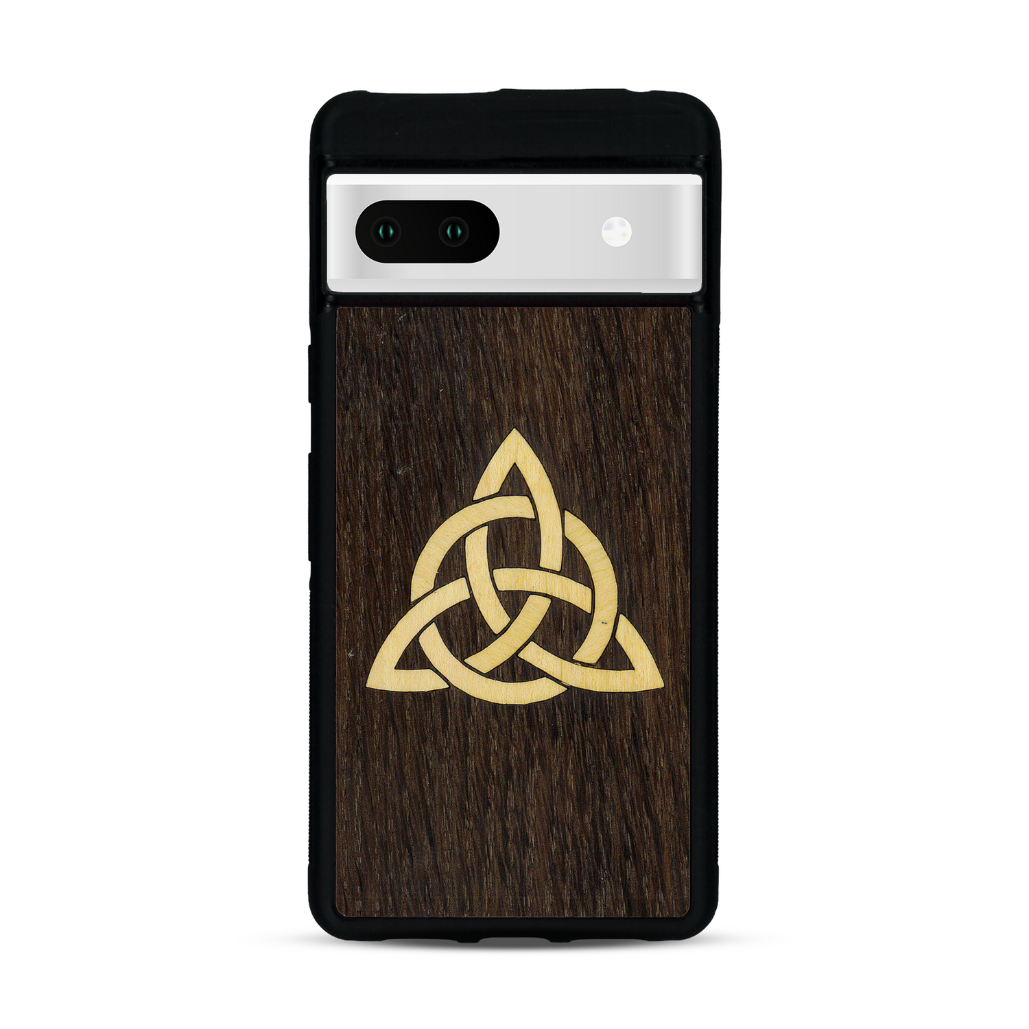 Coque de protection en bois véritable fabriquée en France pour  alliant du chêne fumé et du bambou représentant une triquetra