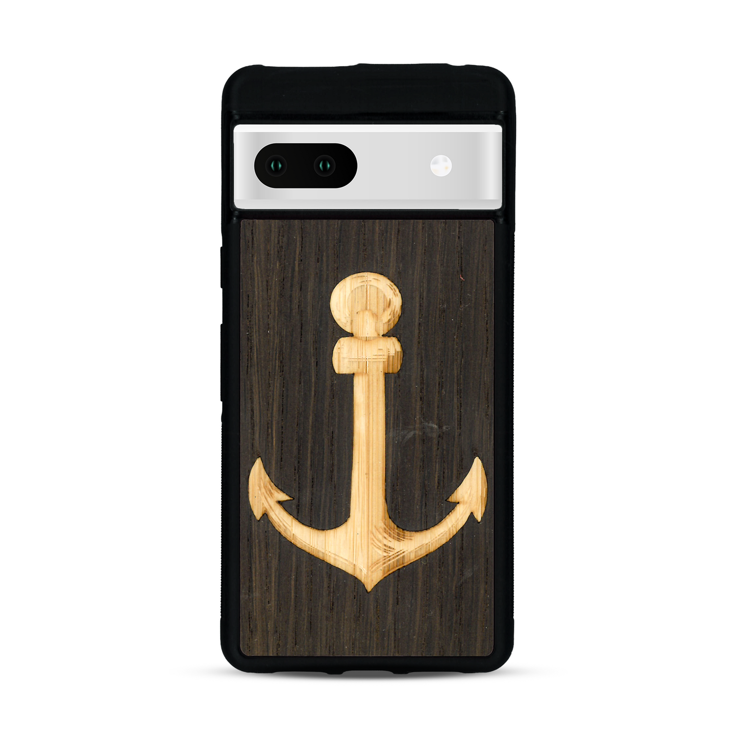 Coque de protection en bois véritable fabriquée en France pour  sur le thème nautique avec un bois clair et un bois foncé représentant une ancre de bateau