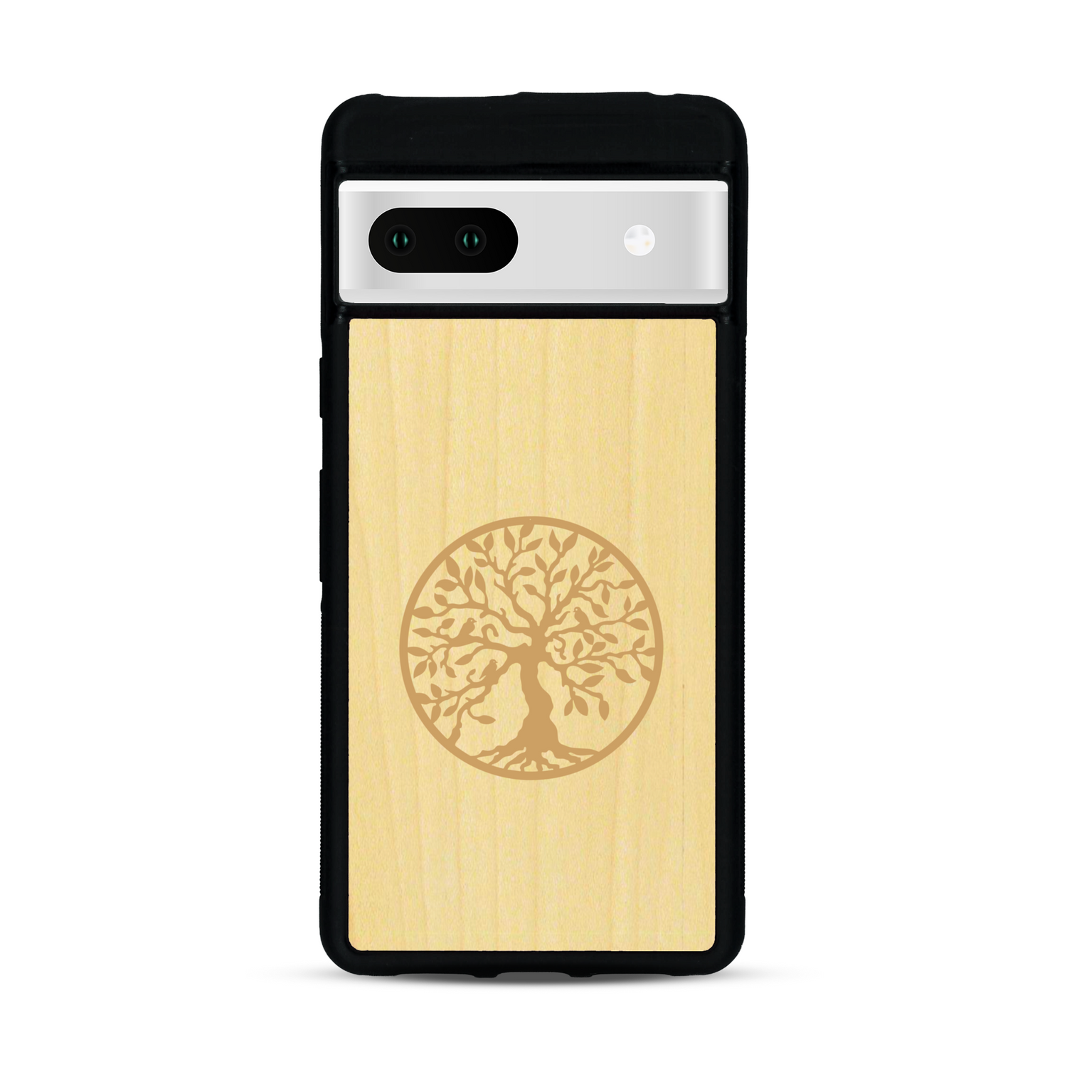 Coque de protection en bois véritable fabriquée en France pour  sur le thème de la spiritualité et du yoga avec une gravure zen représentant un arbre de vie