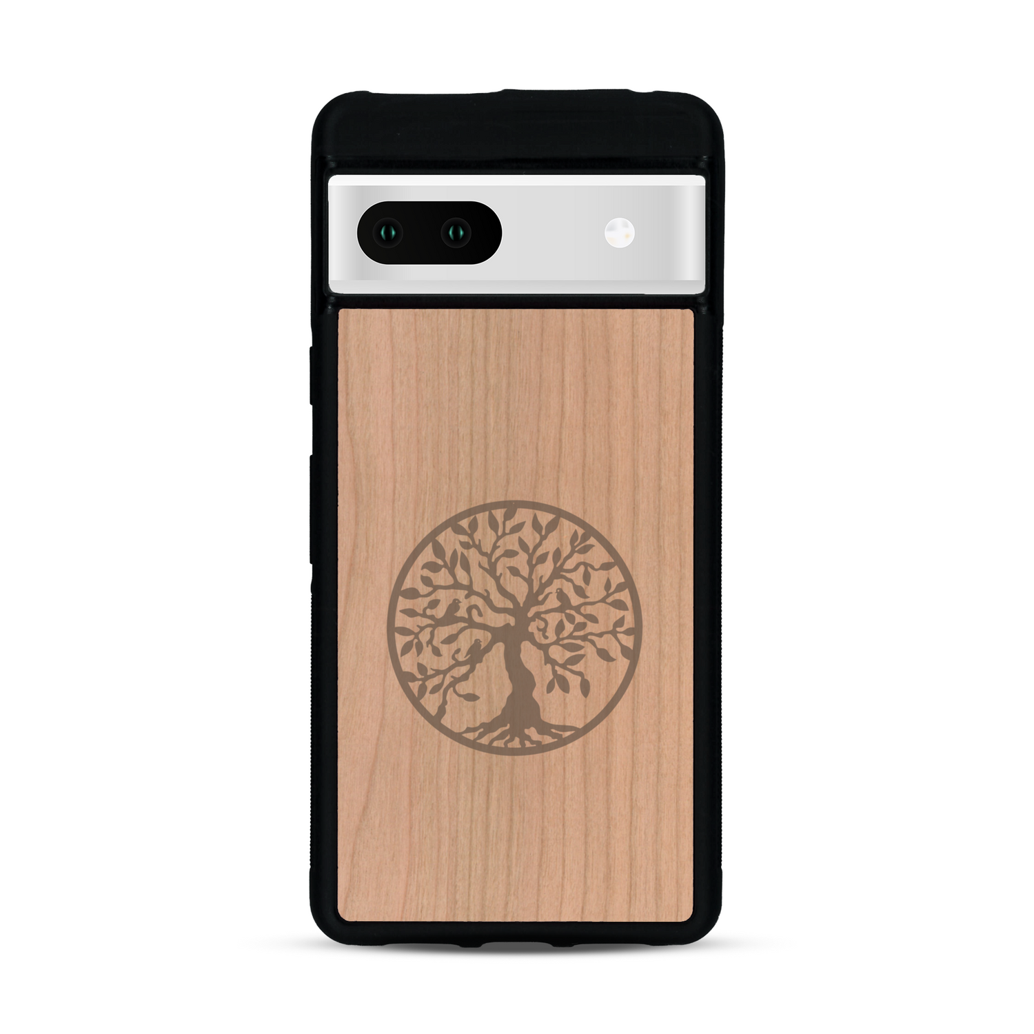 Coque de protection en bois véritable fabriquée en France pour  sur le thème de la spiritualité et du yoga avec une gravure zen représentant un arbre de vie