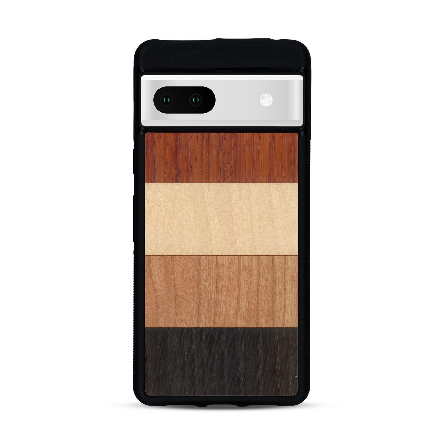 Coque de protection en bois véritable fabriquée en France pour  alliant des bandes horizontales de bambou, merisier, padouk, noyer et chêne fumé