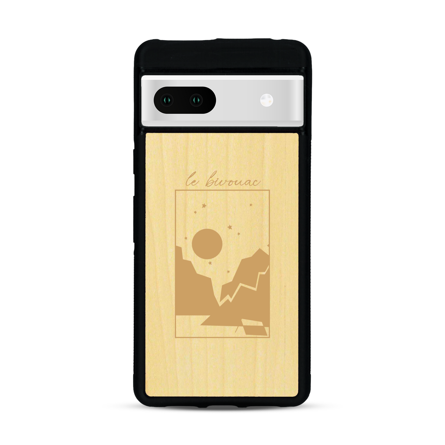 Coque de protection en bois véritable fabriquée en France pour  sur le thème du camping en pleine nature et du bivouac avec la phrase "Aventure is out there"