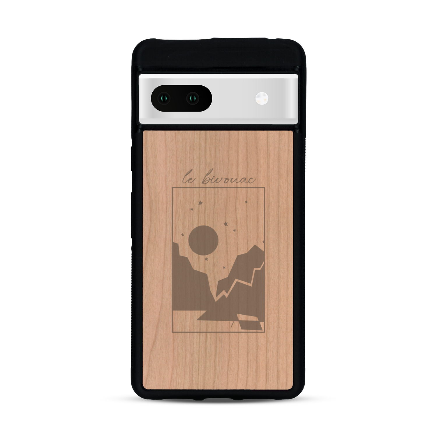 Coque de protection en bois véritable fabriquée en France pour  sur le thème du camping en pleine nature et du bivouac avec la phrase "Aventure is out there"