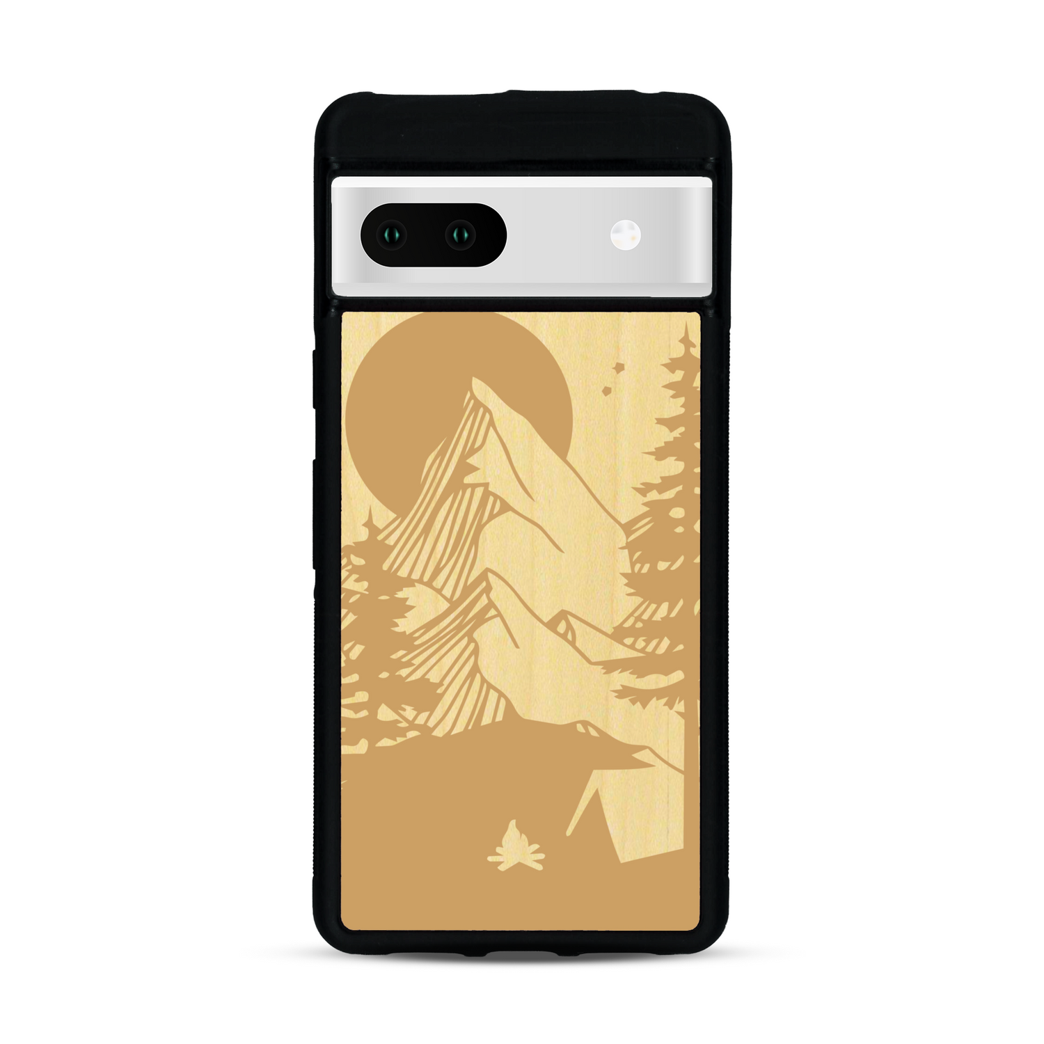 Coque de protection en bois véritable fabriquée en France pour  sur le thème du camping en pleine nature représentant une tente avec un feu de camp entouré de montagnes