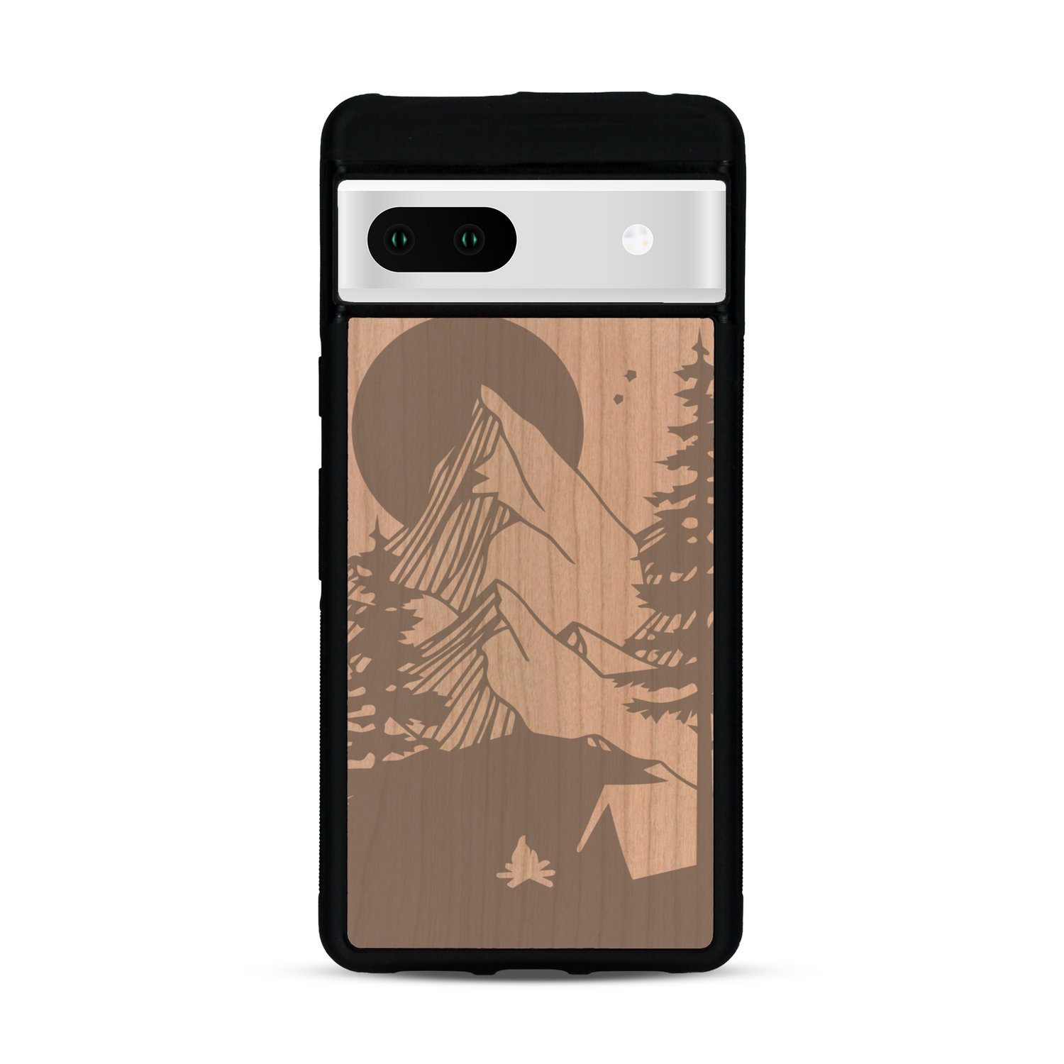 Coque de protection en bois véritable fabriquée en France pour  sur le thème du camping en pleine nature représentant une tente avec un feu de camp entouré de montagnes