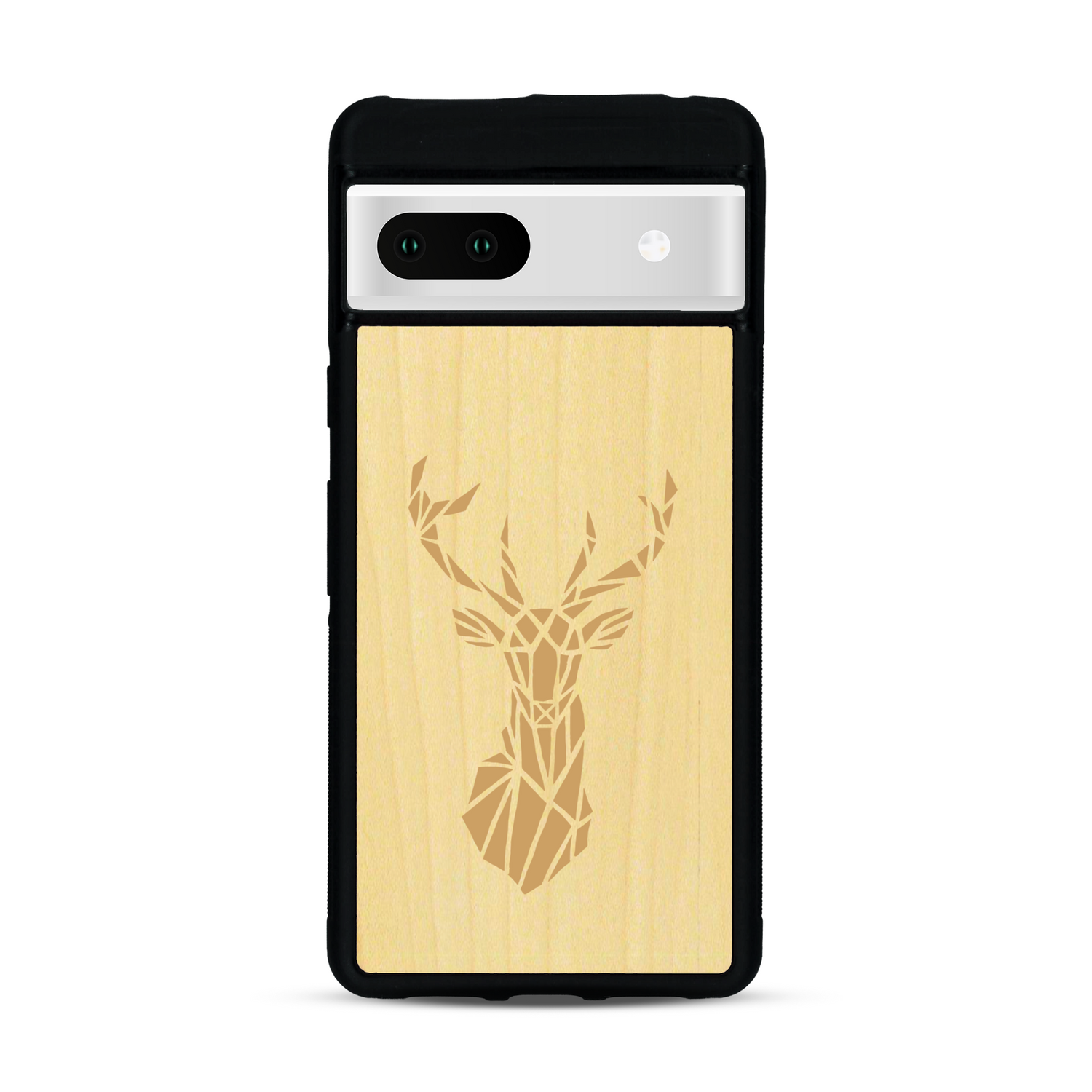 Coque de protection en bois véritable fabriquée en France pour  sur le thème de la nature et des animaux représentant une tête de cerf gométrique avec un design moderne et minimaliste