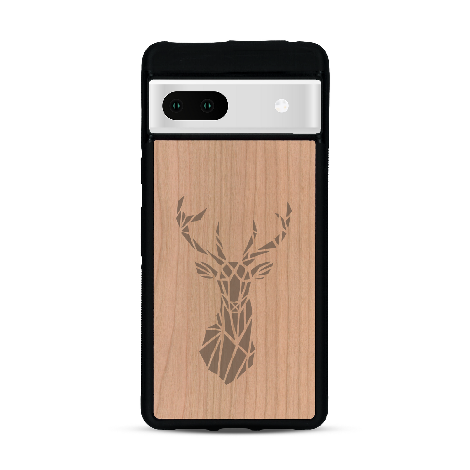 Coque de protection en bois véritable fabriquée en France pour  sur le thème de la nature et des animaux représentant une tête de cerf gométrique avec un design moderne et minimaliste