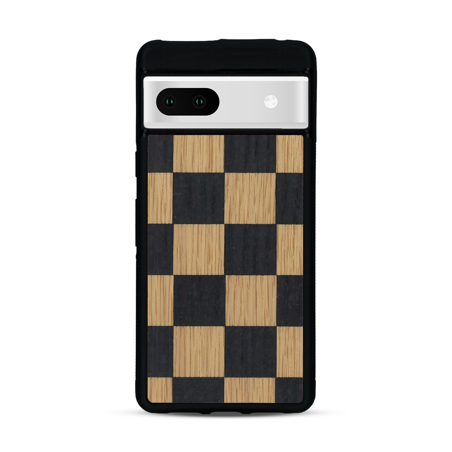 Coque de protection en bois véritable fabriquée en France pour Google Pixel 7 alliant plusieurs essences de bois pour représenter un damier