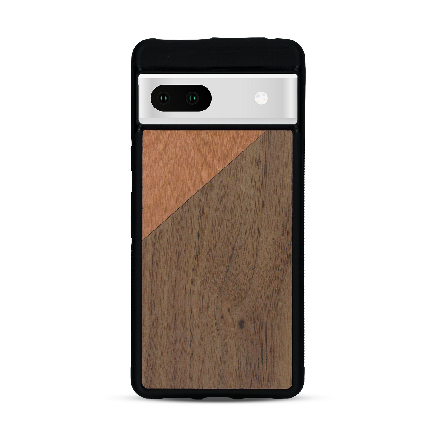 Coque de protection en bois véritable fabriquée en France pour  alliant du merisier et du noyer formant chacun un triangle avec une jointure en diagonale sur le thème de l'art abstrait