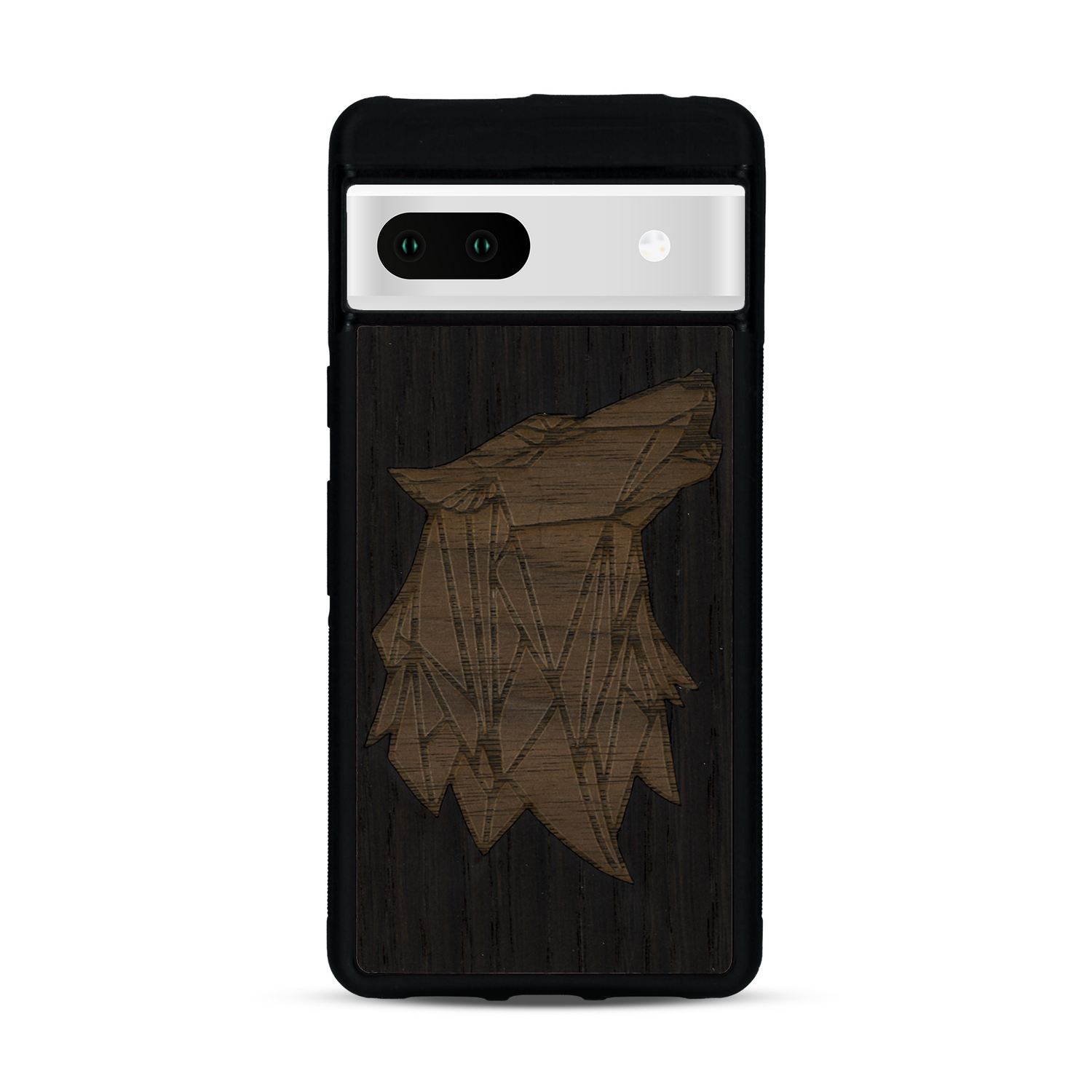 Coque de protection en bois véritable fabriquée en France pour  alliant du chêne fumé et du noyer représentant une tête de loup géométrique de profil sur le thème des animaux et de la nature