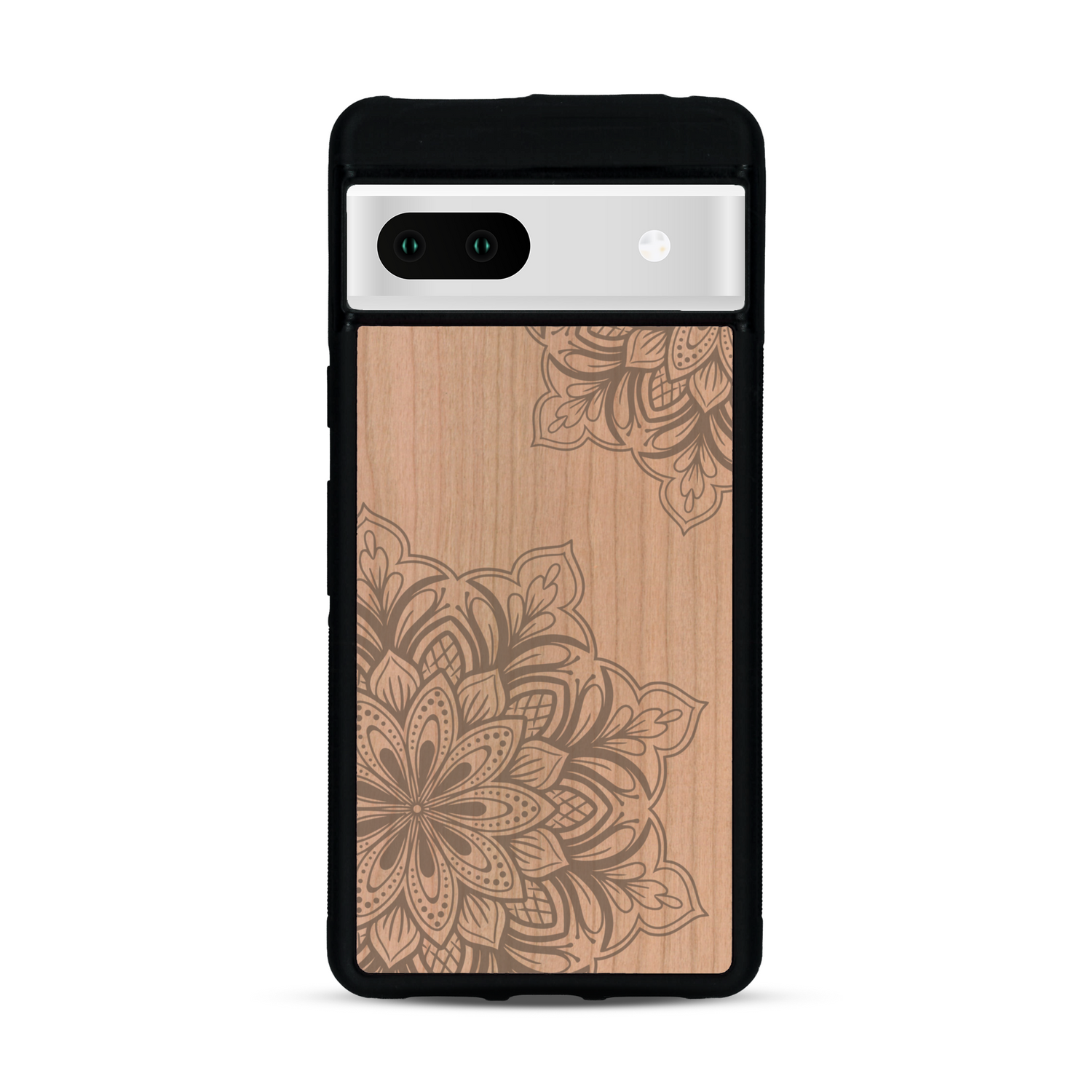 Coque de protection en bois véritable fabriquée en France pour  sur le thème de la bohème et du tatouage au henné avec une gravure représentant un mandala