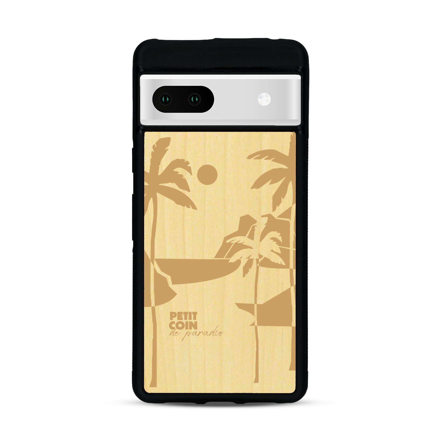 Coque de protection en bois véritable fabriquée en France pour  sur le thème des voyages en vans, vanlife et chill avec une gravure représentant un van vw combi devant le soleil couchant sur une plage avec des vagues