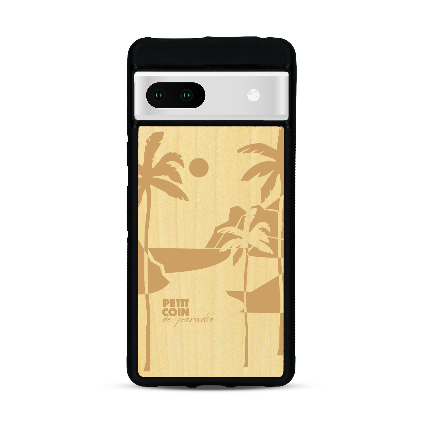Coque de protection en bois véritable fabriquée en France pour  sur le thème des voyages en vans, vanlife et chill avec une gravure représentant un van vw combi devant le soleil couchant sur une plage avec des vagues