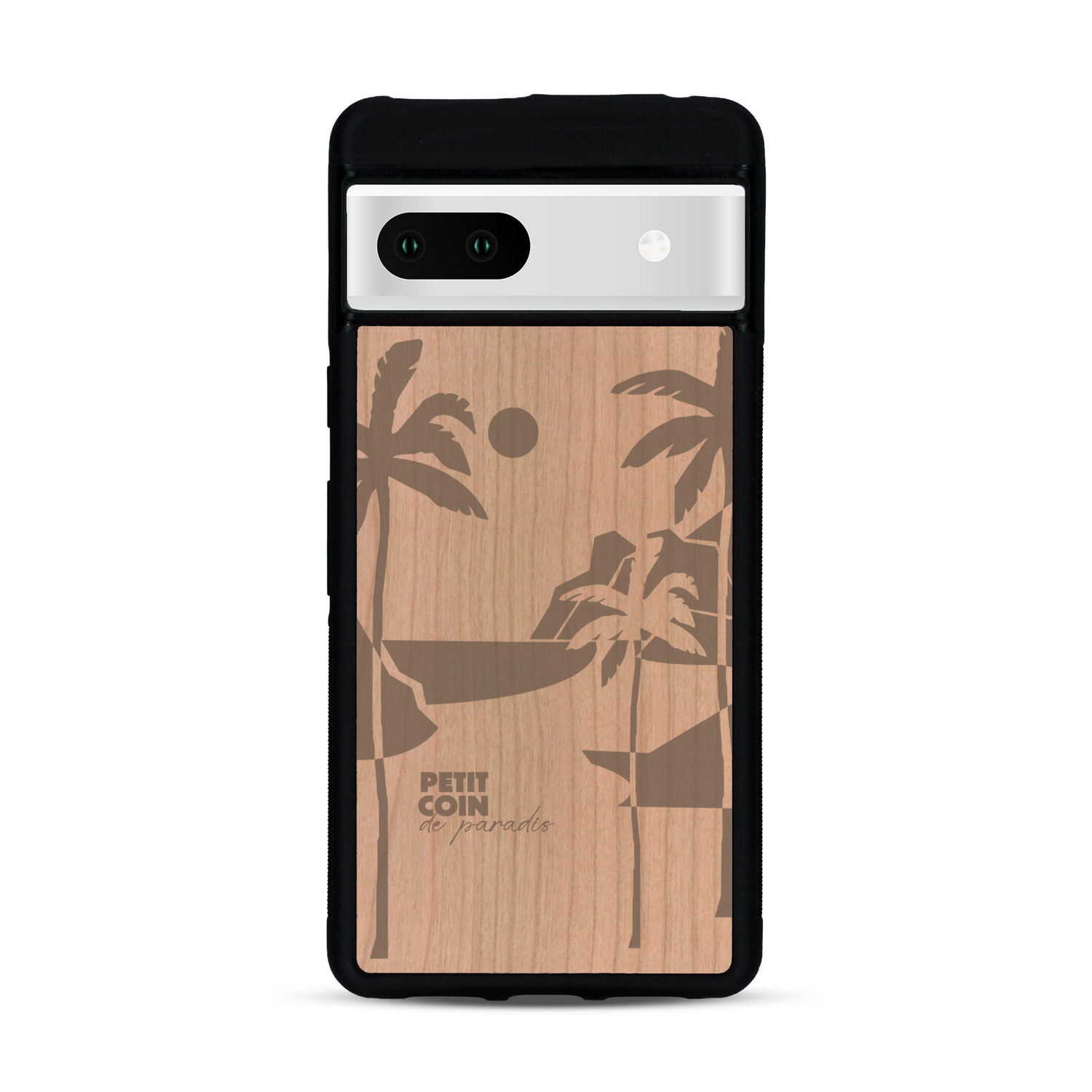 Coque de protection en bois véritable fabriquée en France pour  sur le thème des voyages en vans, vanlife et chill avec une gravure représentant un van vw combi devant le soleil couchant sur une plage avec des vagues