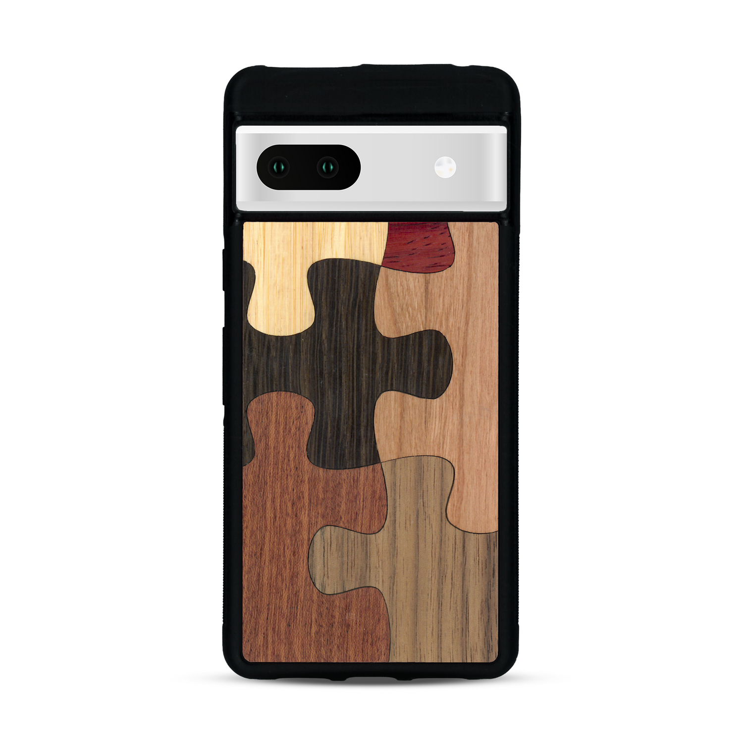 Coque de protection en bois véritable fabriquée en France pour  représentant un puzzle en six pièces qui allie du chêne fumé, du noyer, du bambou, du padouk, du merisier et de l'acajou