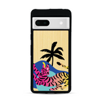 Coque de protection en bois véritable fabriquée en France pour Google Pixel 7 représentant un tigre coloré avec un design moderne et minimaliste sur le thème de la jungle et de la nature