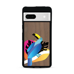 Coque de protection en bois véritable fabriquée en France pour Google Pixel 7 représentant un toucan coloré avec un design moderne et minimaliste sur le thème de la jungle et de la nature