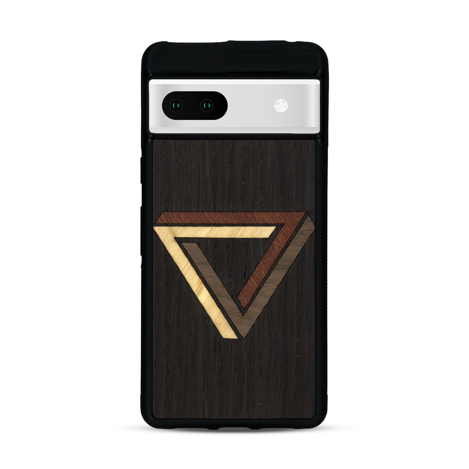 Coque de protection en bois véritable fabriquée en France pour  sur le thème de l'art géométrique qui allie du chêne fumé, du noyer, du bambou et du padouk représentant le triangle de penrose