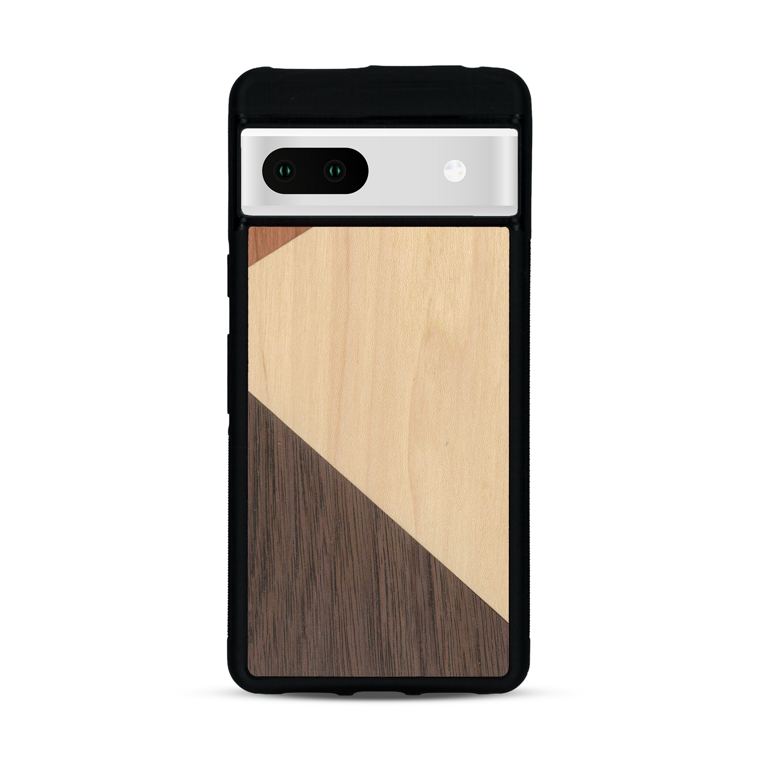Coque de protection en bois véritable fabriquée en France pour  alliant du merisier, du noyer et du bambou formant chacun deux triangles et un trapèze avec deux jointures en diagonale sur le thème de l'art abstrait