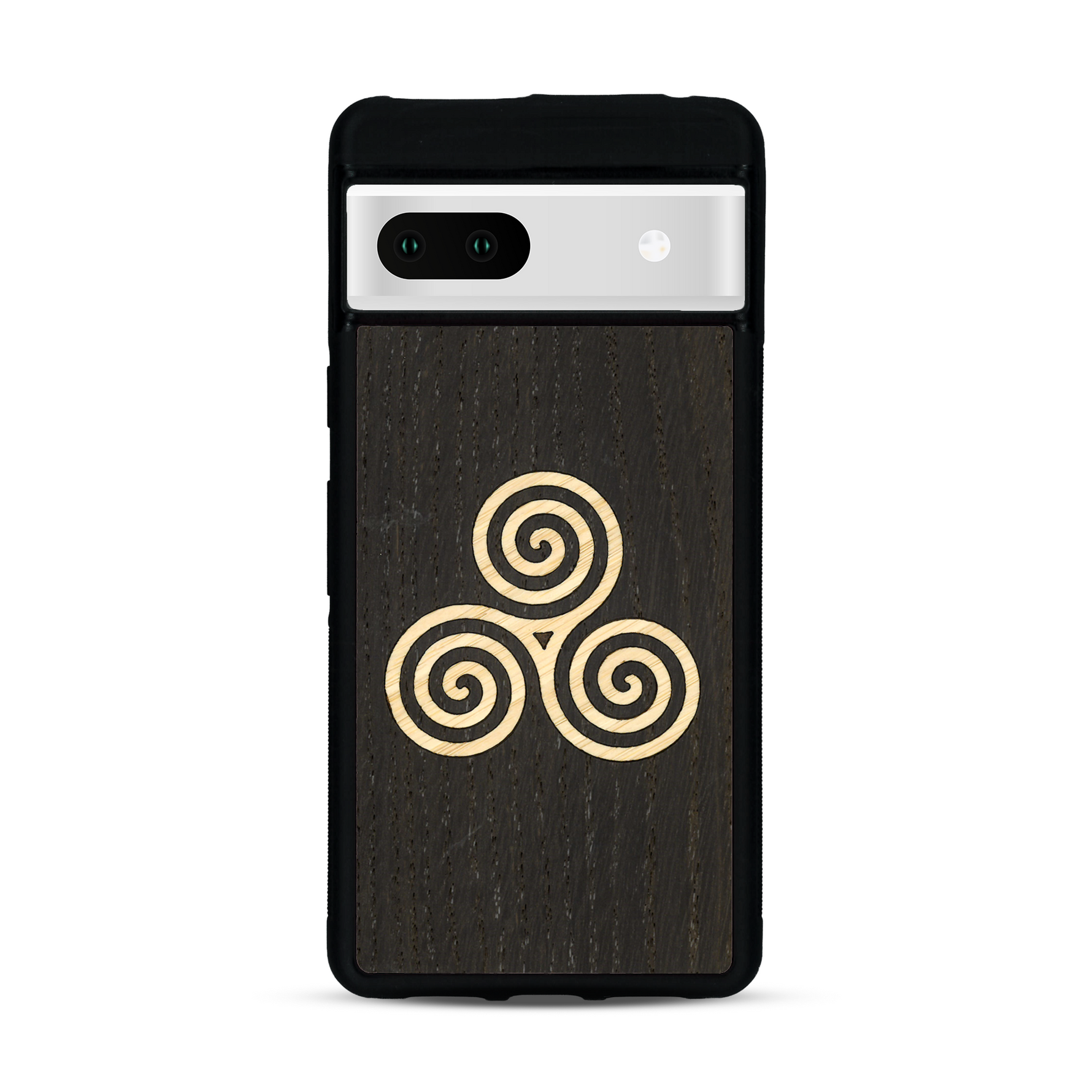 Coque de protection en bois véritable fabriquée en France pour  alliant du chêne fumé et du bambou et doré représentant un triskell