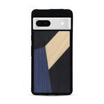 Coque de protection en bois véritable fabriquée en France pour  alliant du bambou, du tulipier bleu et noir en forme de mosaïque minimaliste sur le thème de l'art abstrait