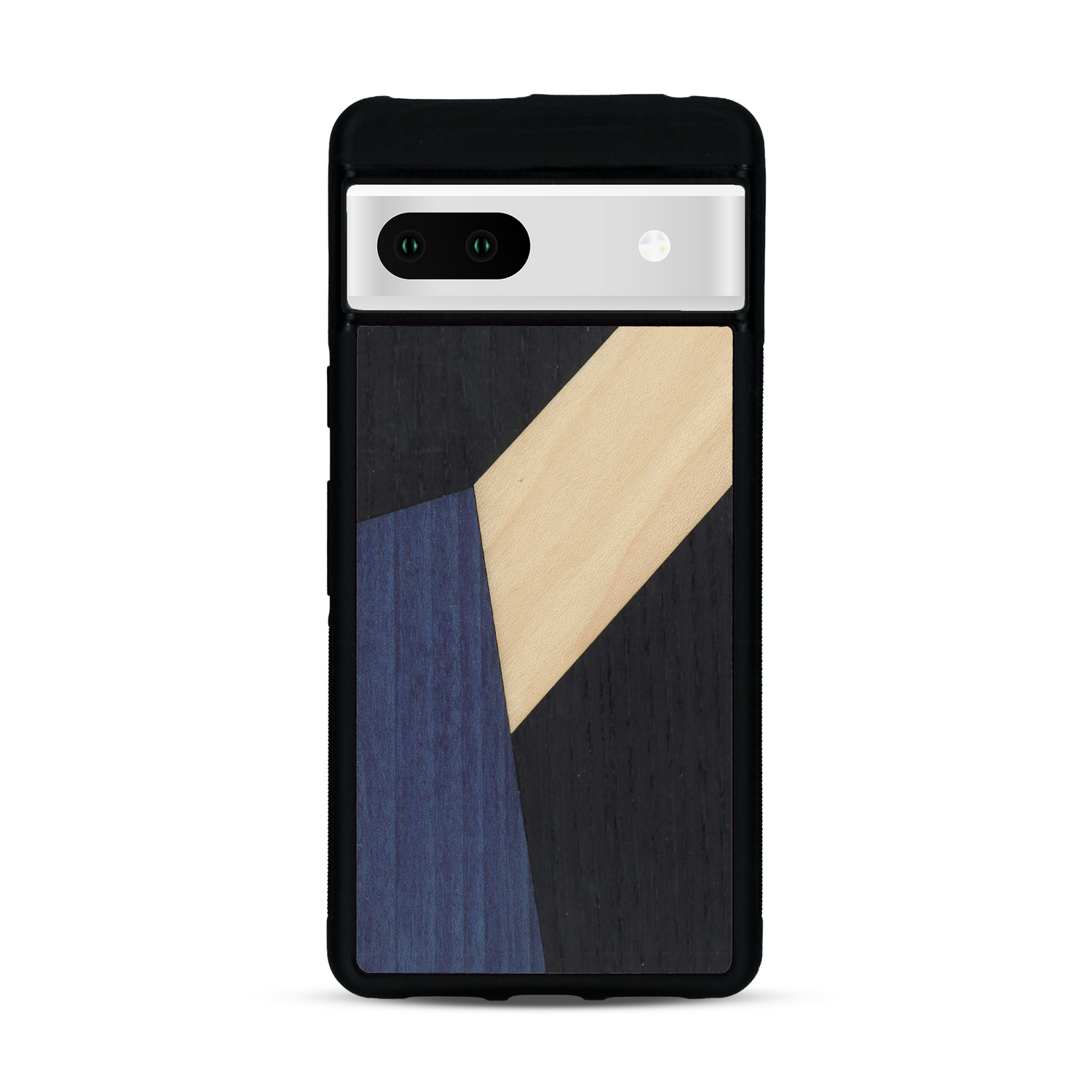 Coque de protection en bois véritable fabriquée en France pour  alliant du bambou, du tulipier bleu et noir en forme de mosaïque minimaliste sur le thème de l'art abstrait