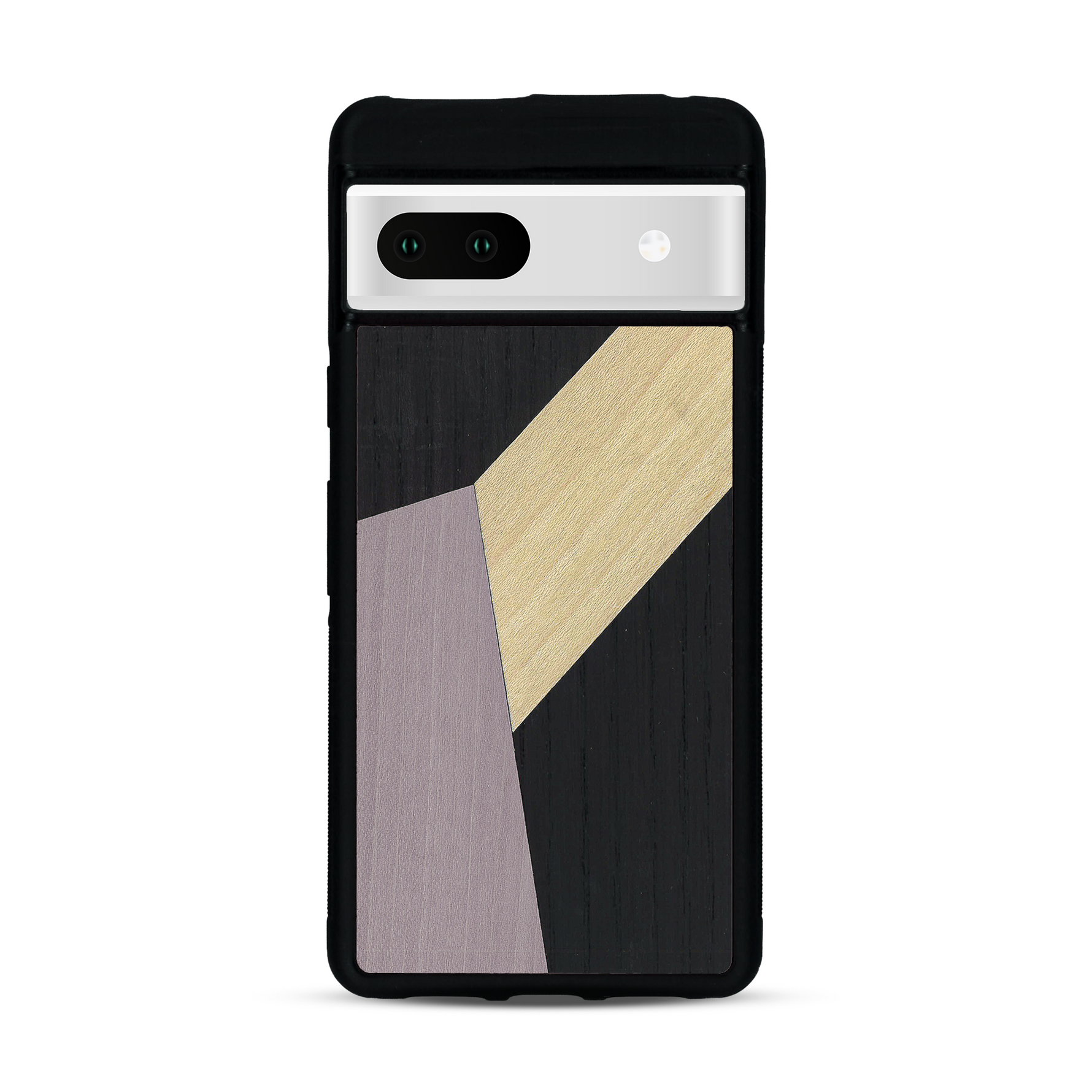 Coque de protection en bois véritable fabriquée en France pour  alliant du bambou, du tulipier mauve et noir en forme de mosaïque minimaliste sur le thème de l'art abstrait