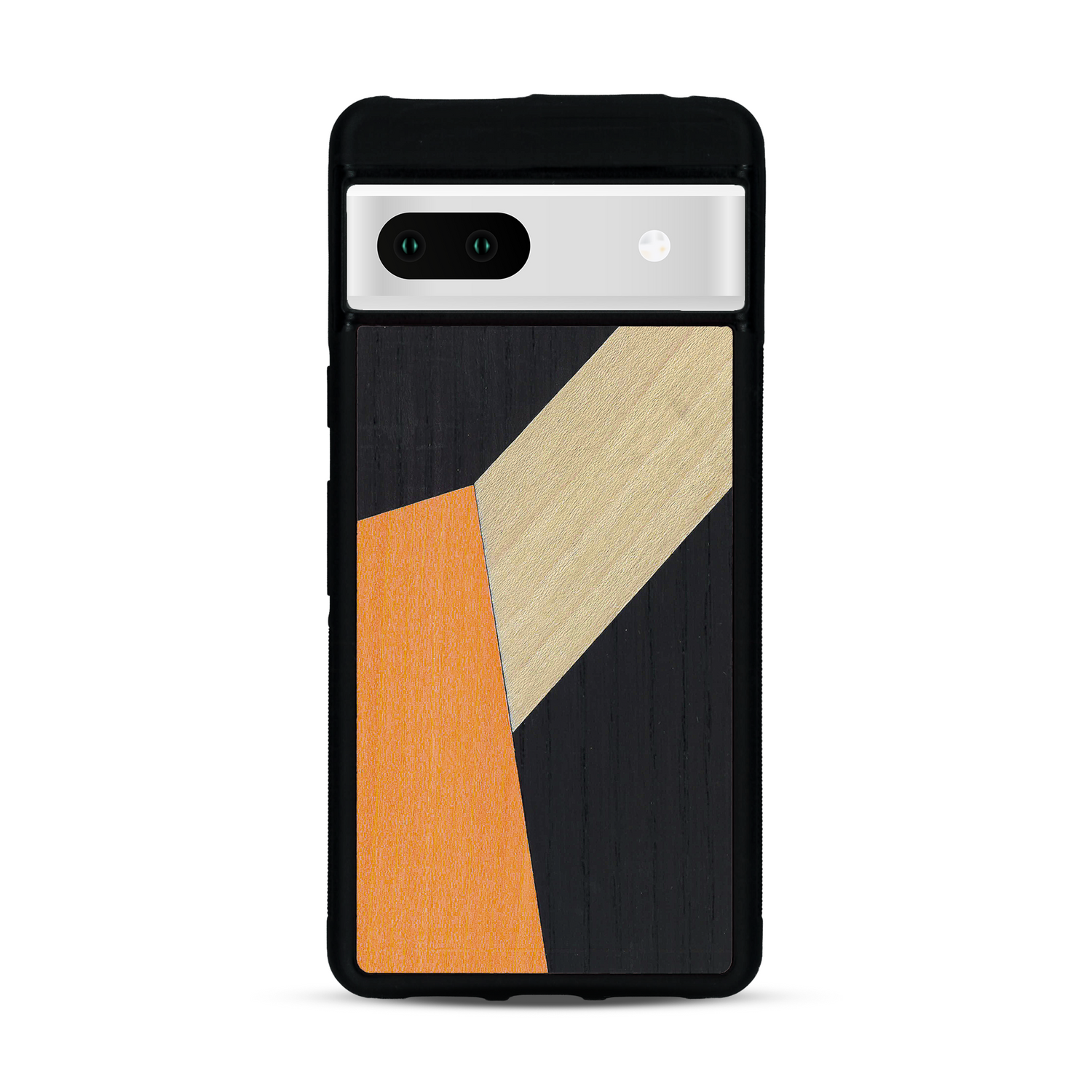 Coque de protection en bois véritable fabriquée en France pour  alliant du bambou, du tulipier orange et noir en forme de mosaïque minimaliste sur le thème de l'art abstrait