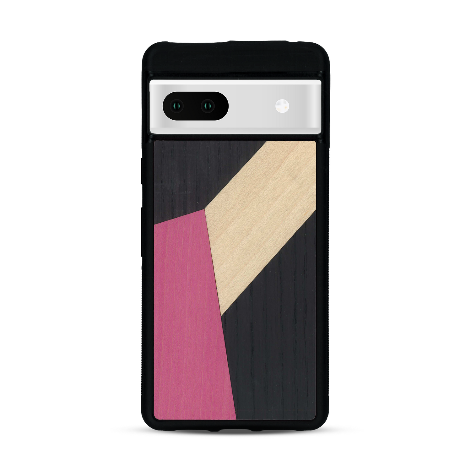 Coque de protection en bois véritable fabriquée en France pour  alliant du bambou, du tulipier rose et noir en forme de mosaïque minimaliste sur le thème de l'art abstrait