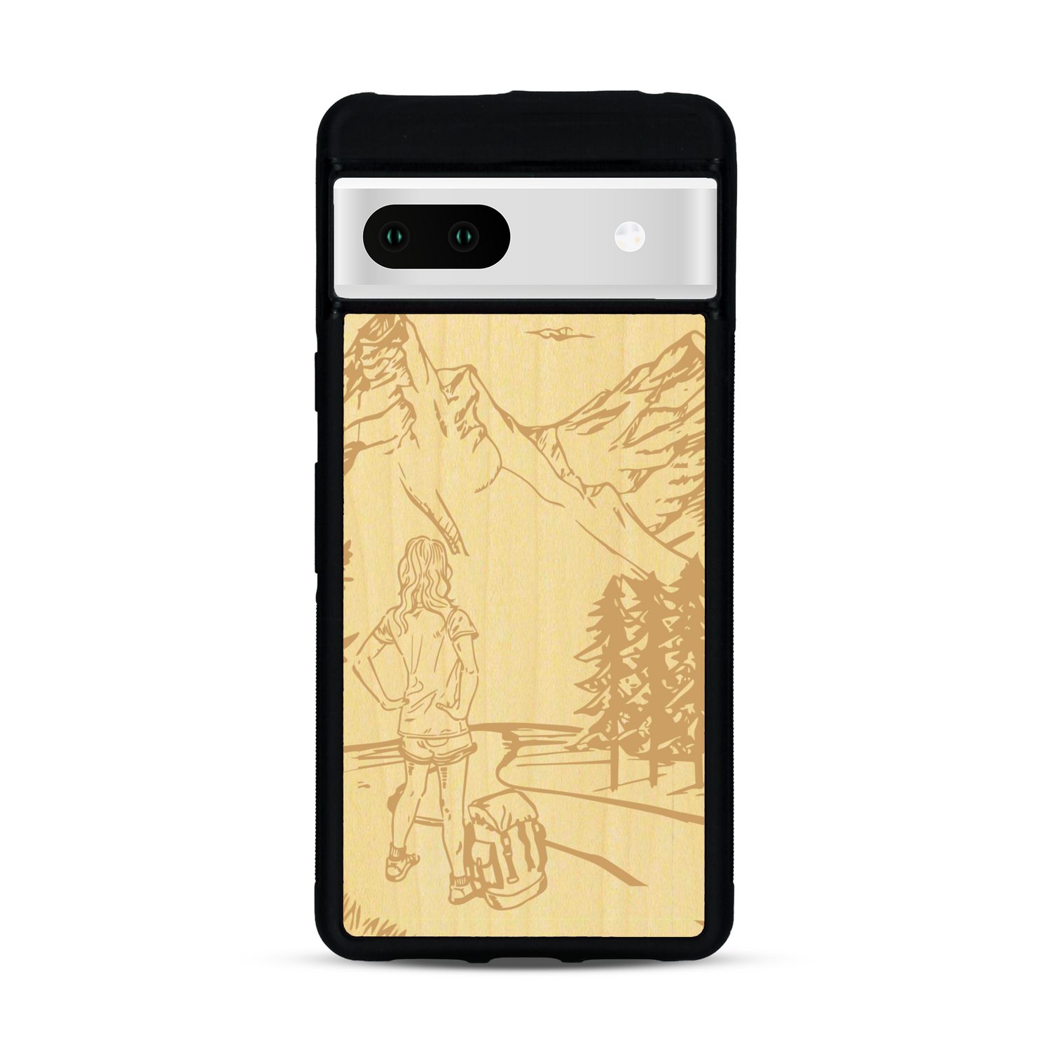 Coque de protection en bois véritable fabriquée en France pour  sur le thème de la randonnée en montagne et de l'aventure avec une gravure représentant une femme de dos face à un paysage de nature