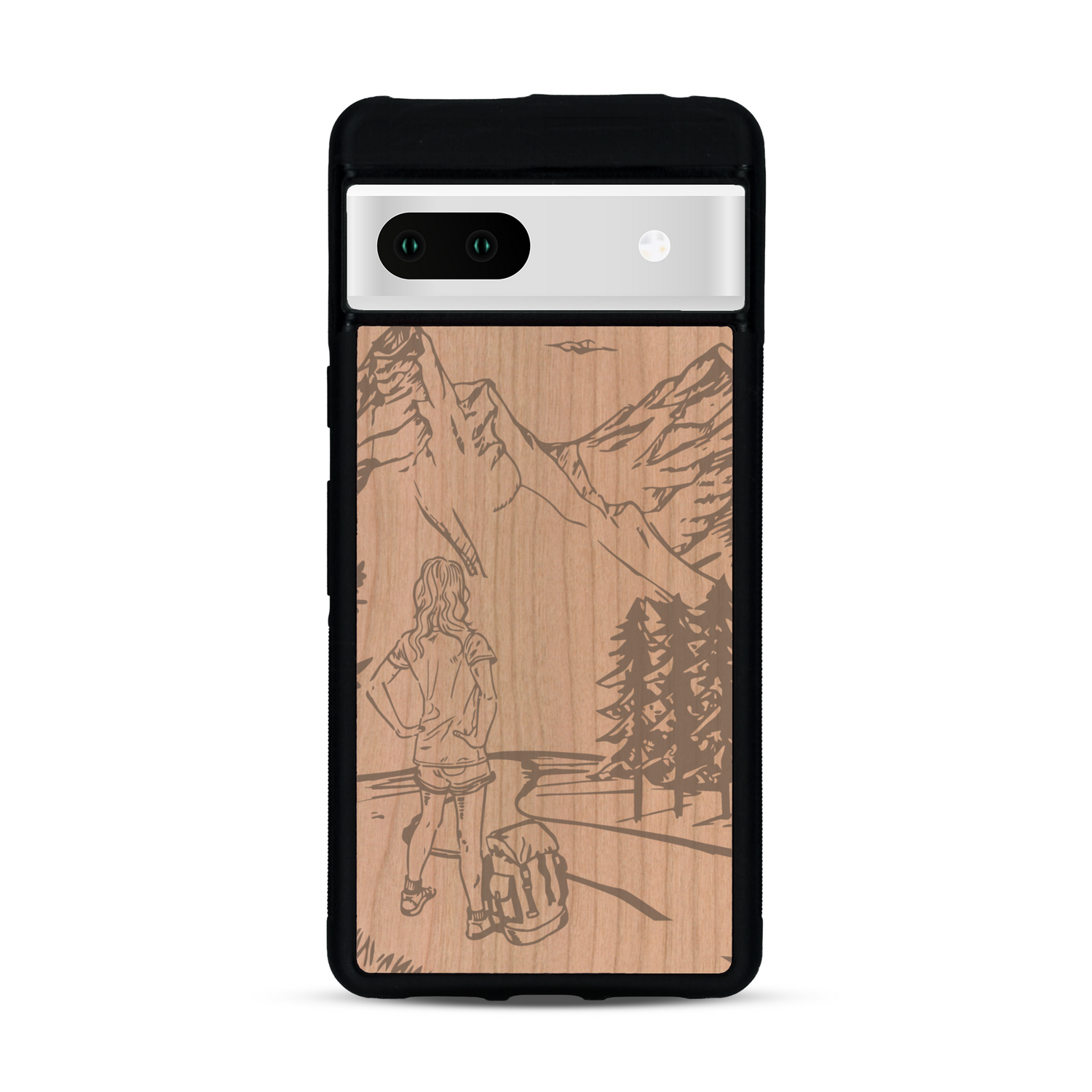 Coque de protection en bois véritable fabriquée en France pour  sur le thème de la randonnée en montagne et de l'aventure avec une gravure représentant une femme de dos face à un paysage de nature