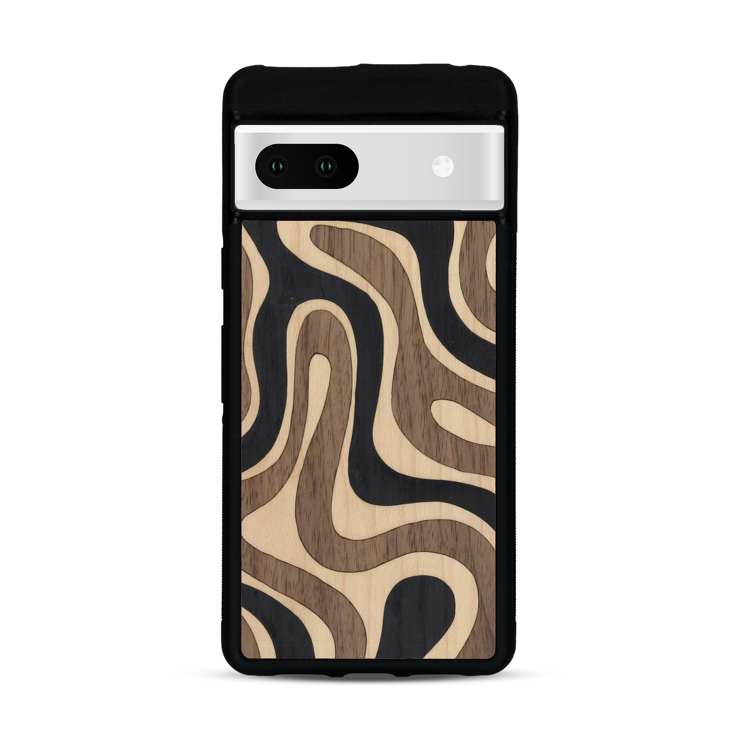 Coque de protection en bois véritable fabriquée en France pour Google Pixel 7 alliant plusieurs essences de bois pour représenter une ondulation