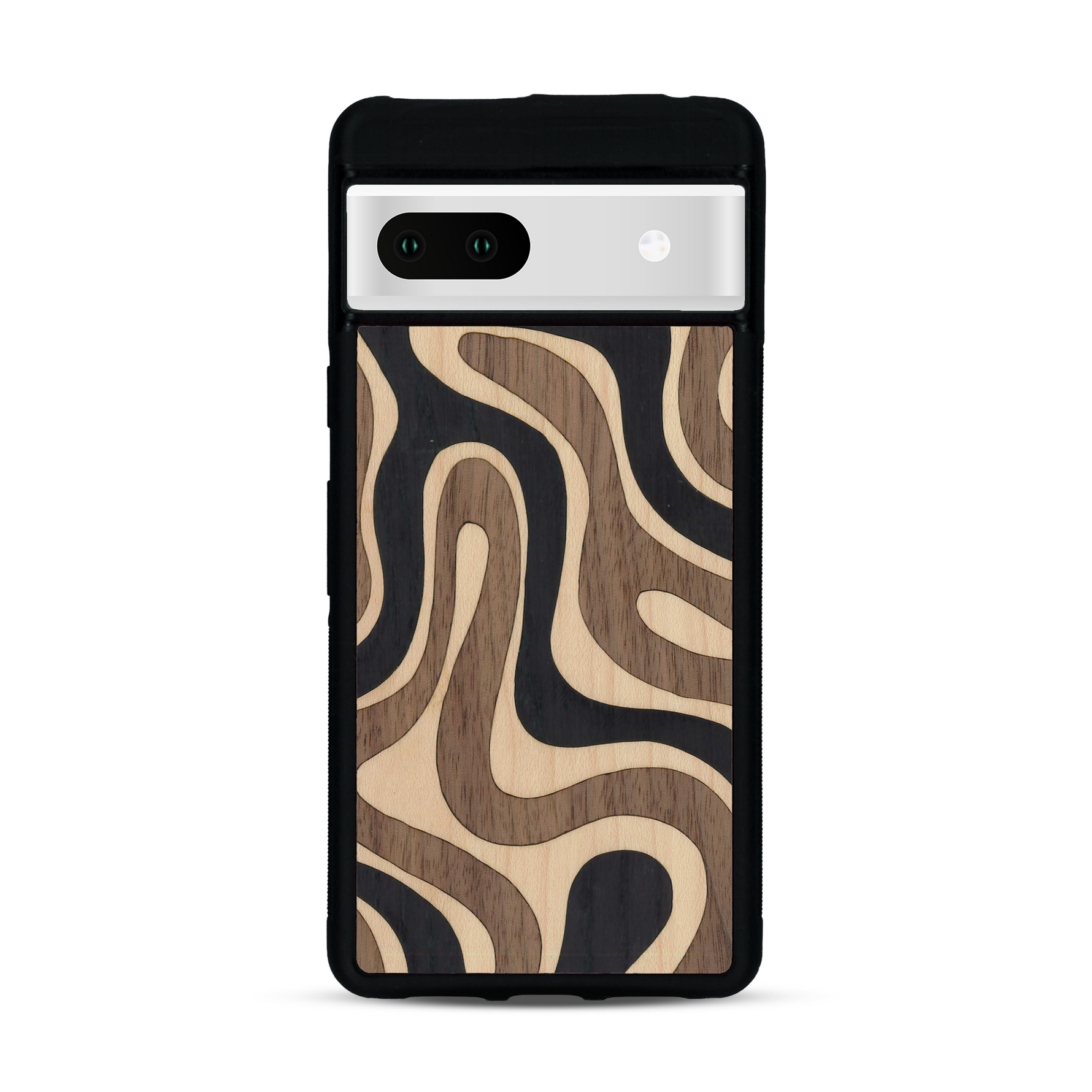 Coque de protection en bois véritable fabriquée en France pour Google Pixel 7 alliant plusieurs essences de bois pour représenter une ondulation