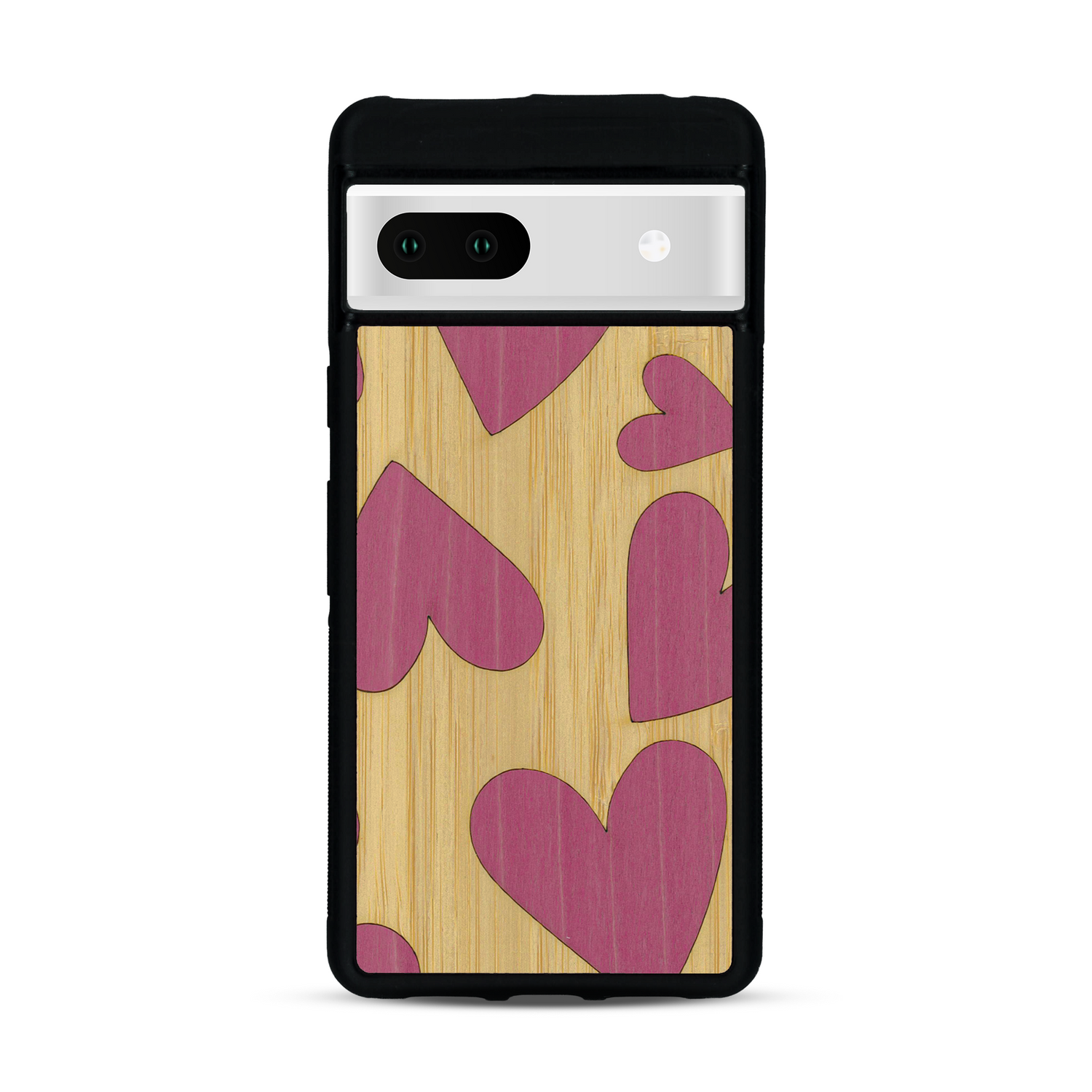 Coque de protection en bois véritable fabriquée en France pour  alliant plusieurs essences de bois pour représenter des coeurs pour les amoureux