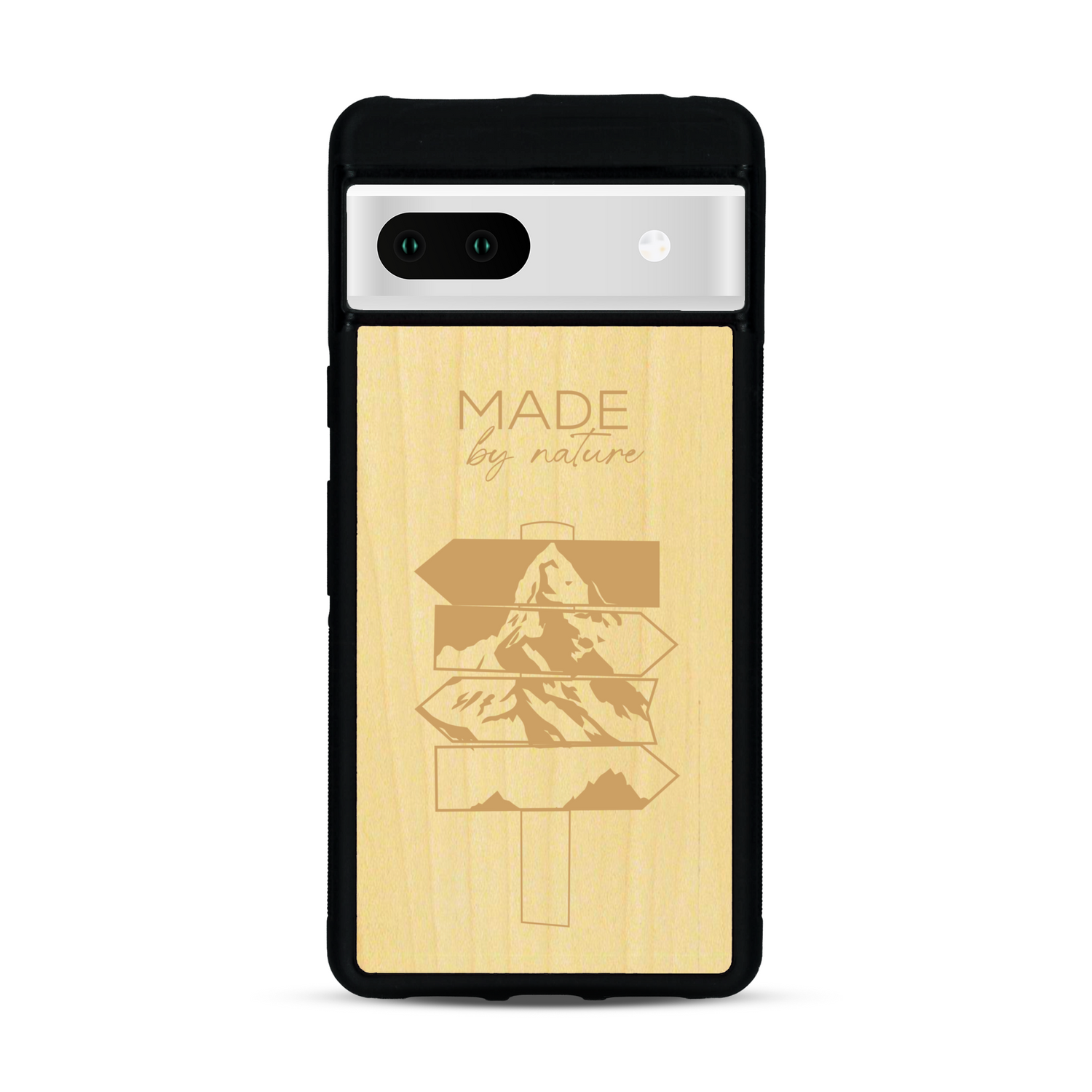 Coque de protection en bois véritable fabriquée en France pour  sur le thème de la nature et des arbres avec une gravure représentant une pomme de pin et la phrase "made by nature"