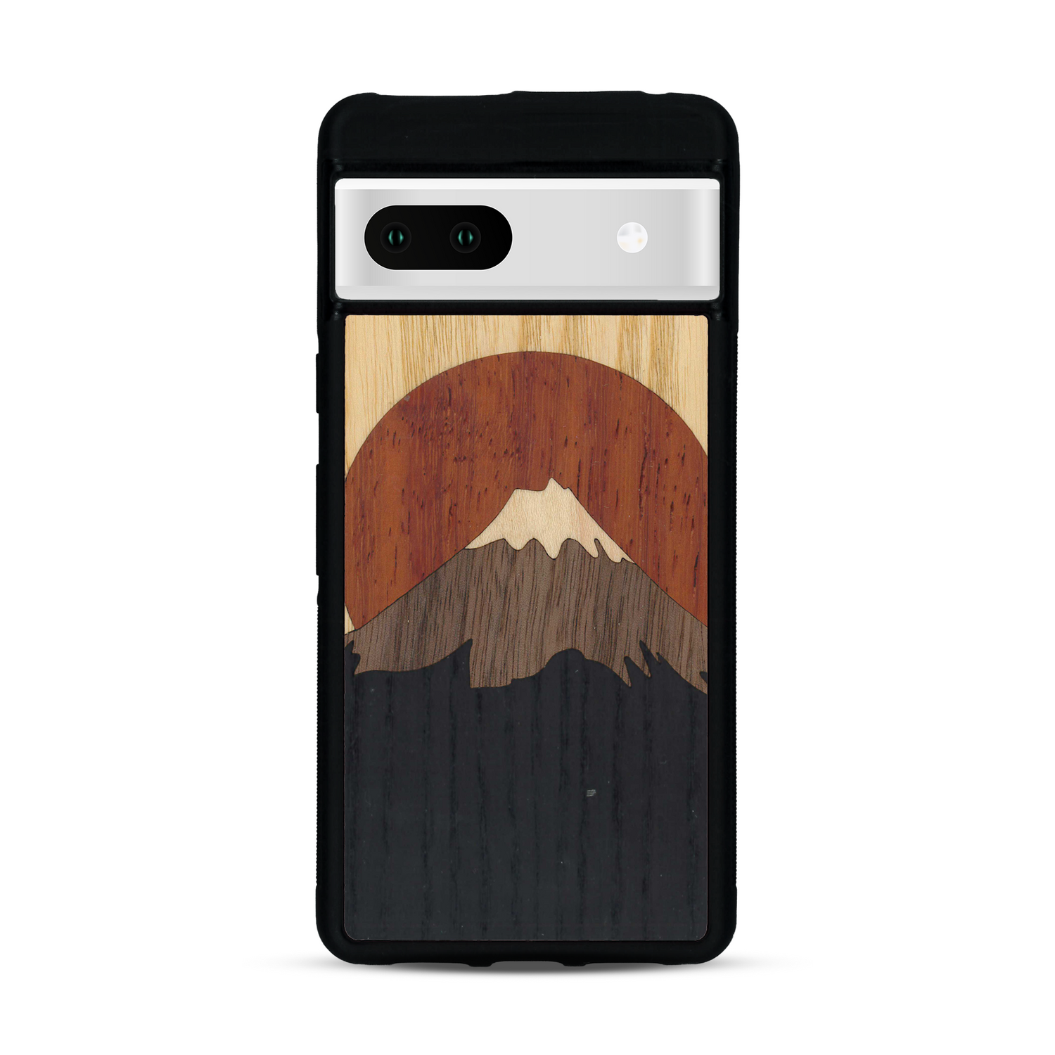 Coque de protection en bois véritable fabriquée en France pour Google Pixel 7 alliant plusieurs essences de bois pour représenter le mont Fuji