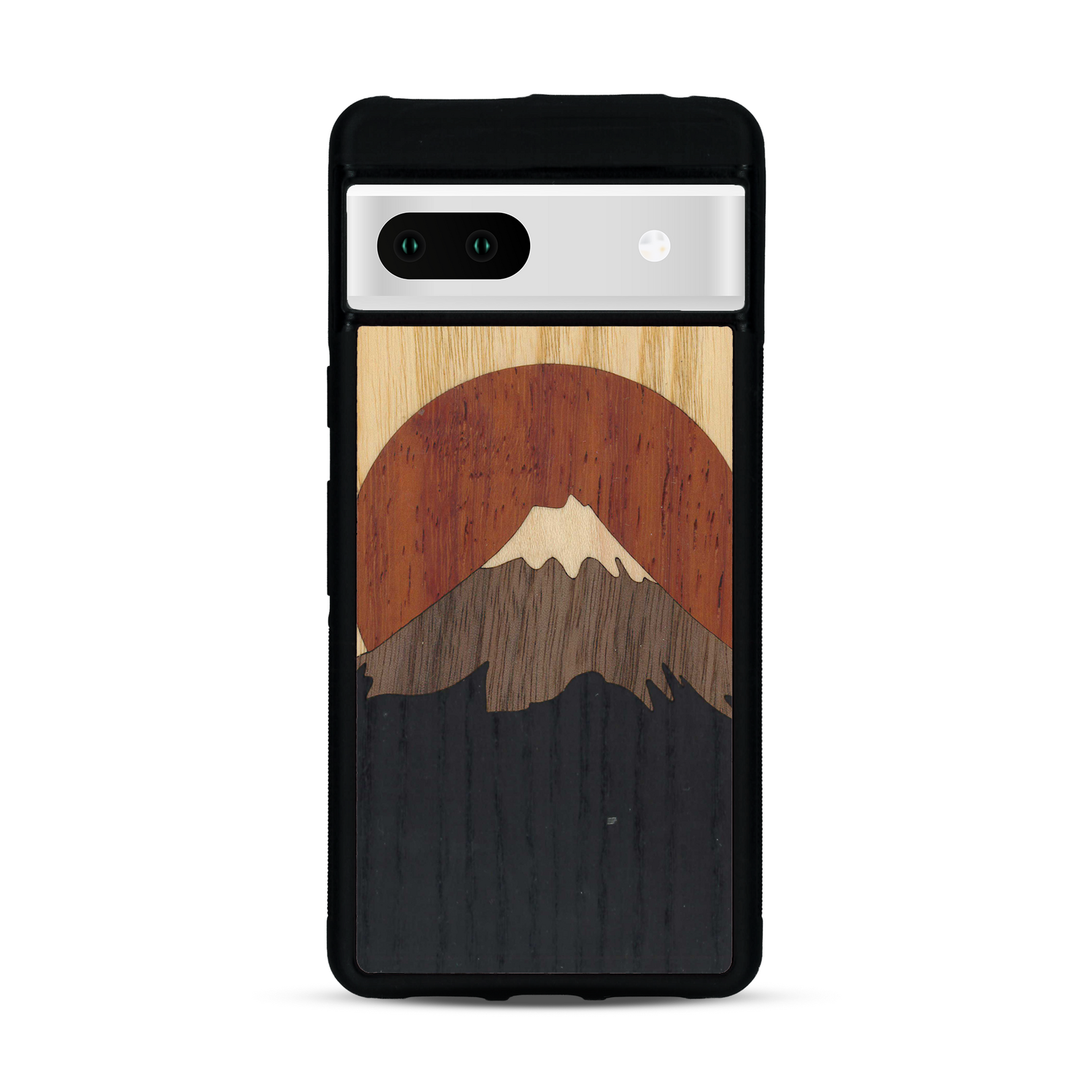 Coque de protection en bois véritable fabriquée en France pour Google Pixel 7 alliant plusieurs essences de bois pour représenter le mont Fuji