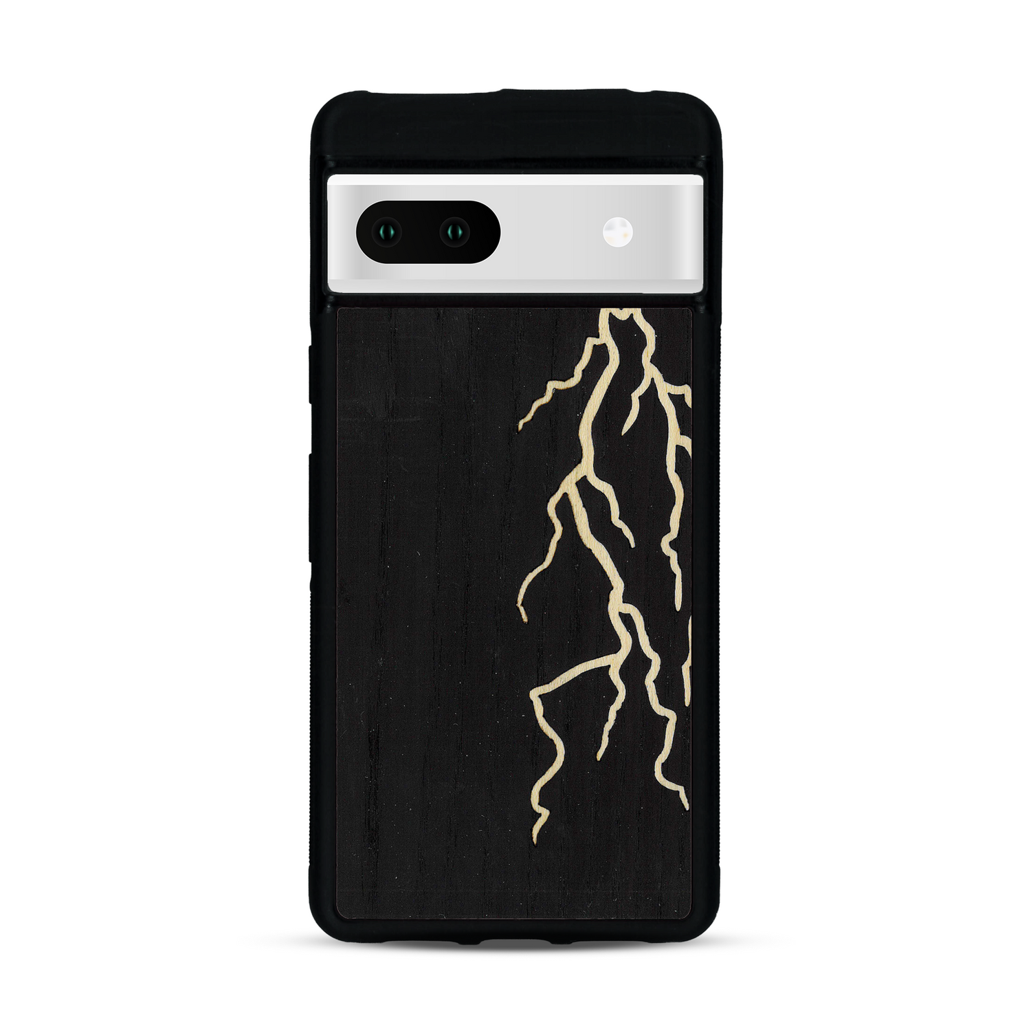 Coque de protection en bois véritable fabriquée en France pour Google Pixel 7 alliant plusieurs essences de bois pour représenter un éclair divin