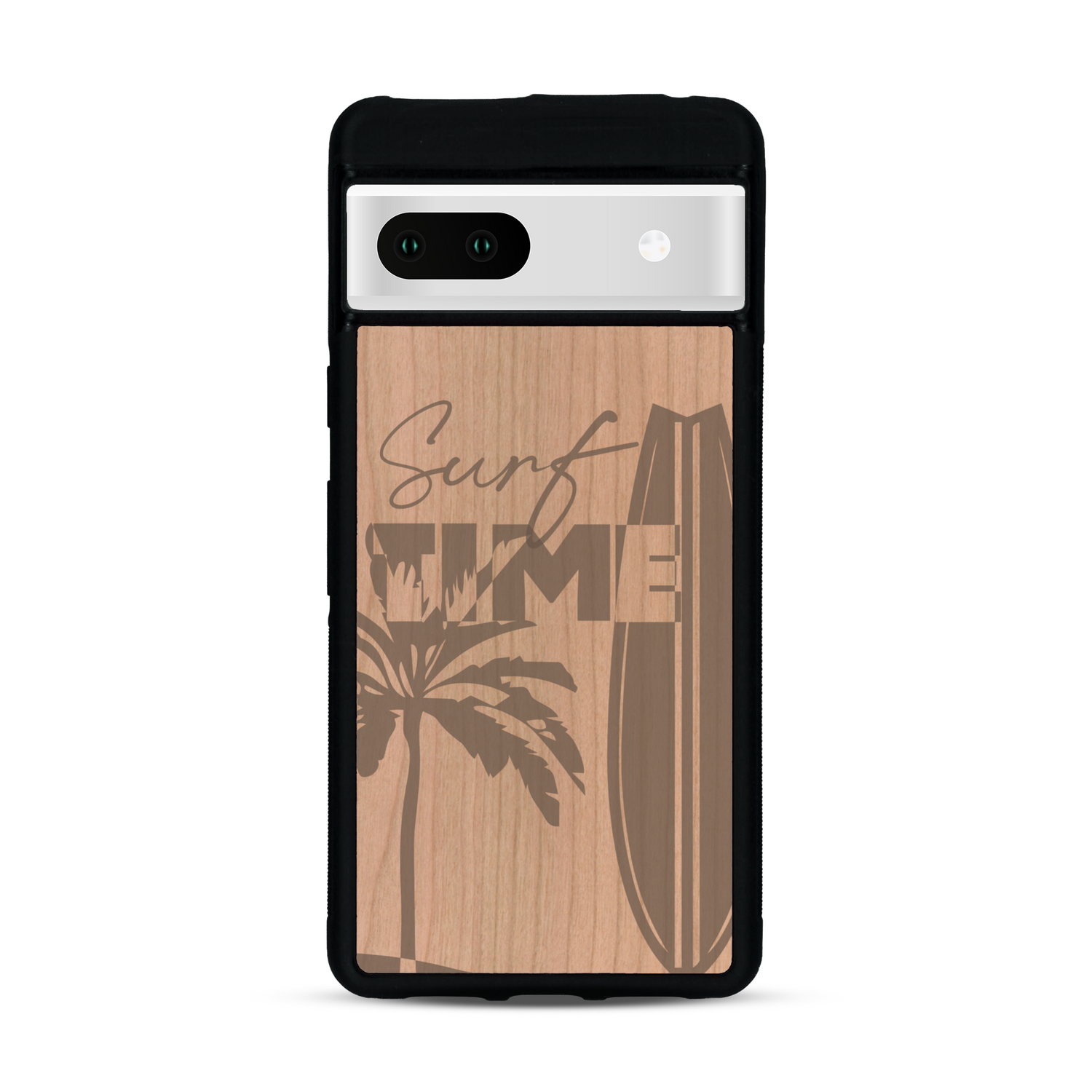 Coque de protection en bois véritable fabriquée en France pour  sur le thème chill avec un motif représentant une silouhette tenant une planche de surf sur une plage entouré de palmiers et les mots "Surf Time Long Beach Miami"