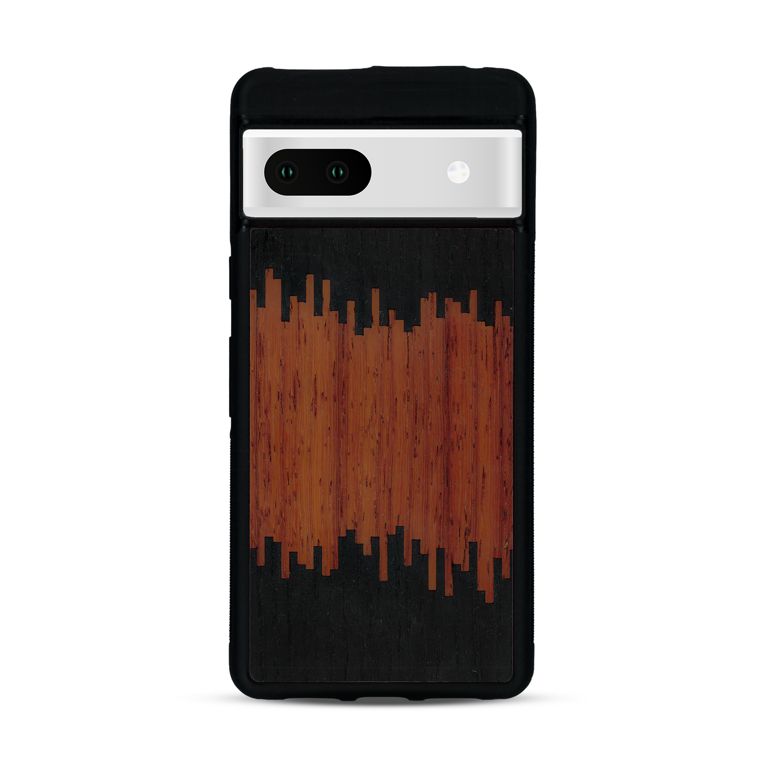 Coque de protection en bois véritable fabriquée en France pour Google Pixel 7 alliant plusieurs essences de bois pour représenter du magma en fusion