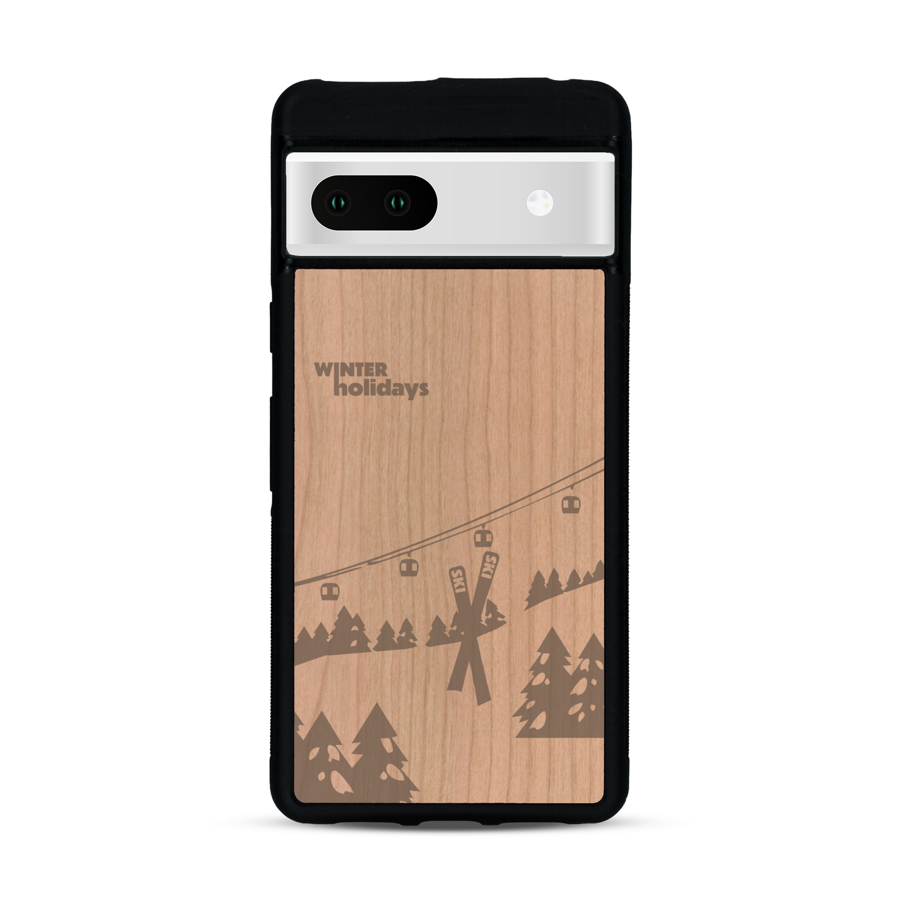 Coque de protection en bois véritable fabriquée en France pour  sur le thème de la montagne, du ski et de la neige avec un motif représentant une paire de ski plantée dans la neige avec en fond des montagnes enneigées