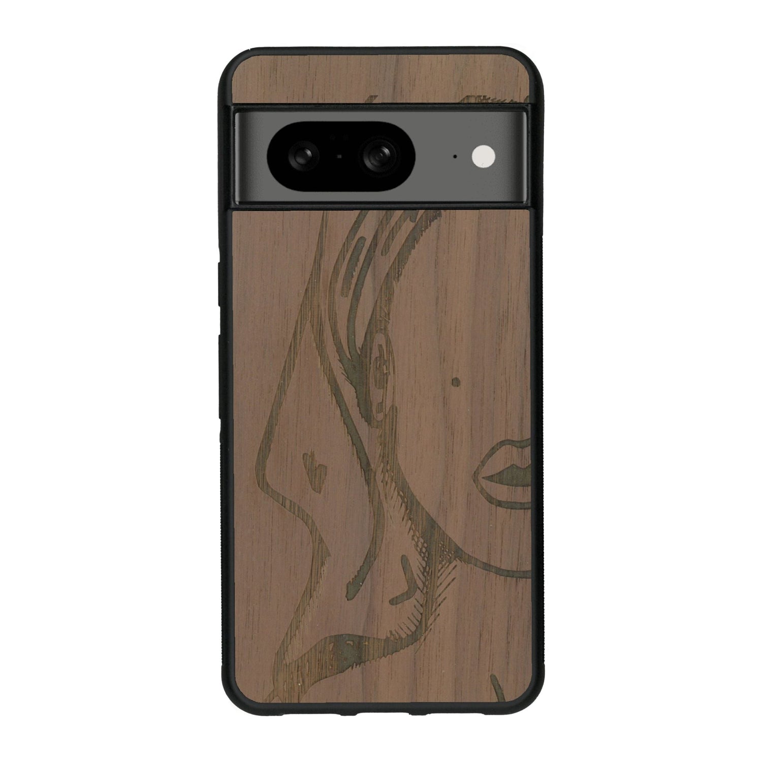 Coque de protection en bois véritable fabriquée en France pour Google Pixel 7A représentant une silhouette féminine épurée de type line art en collaboration avec l'artiste Maud Dabs