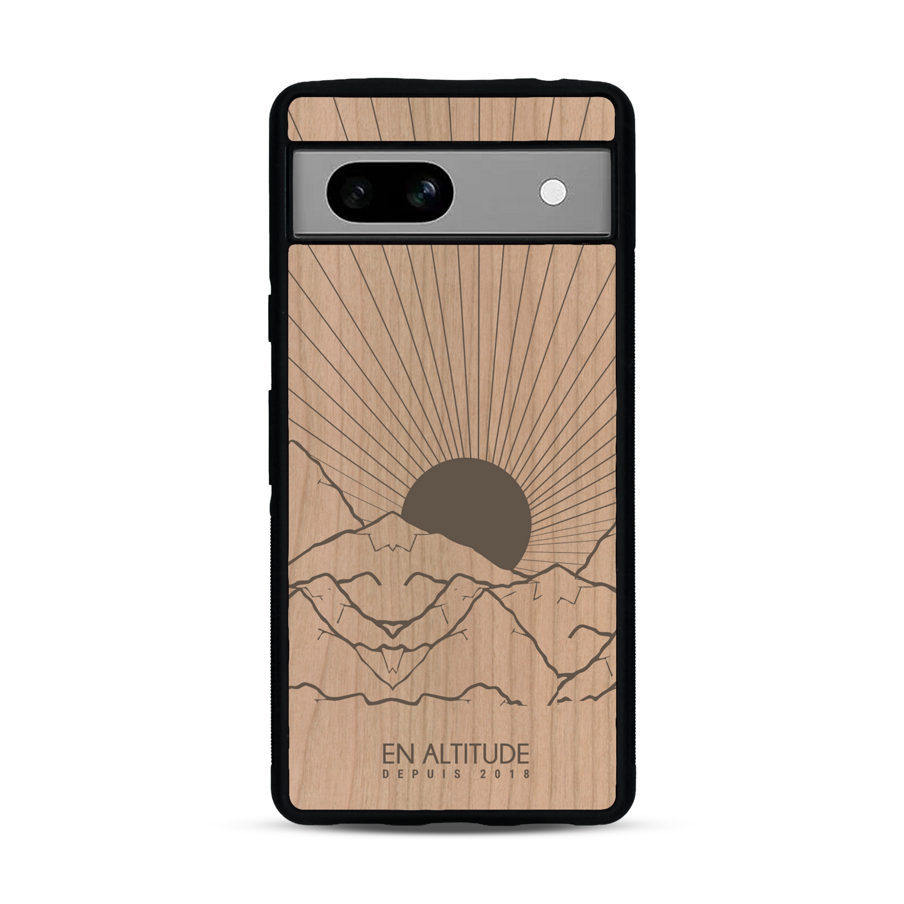 Coque de protection en bois véritable fabriquée en France pour  représentant des montagnes, sur le thème de la randonnée en pleine nature et du trail