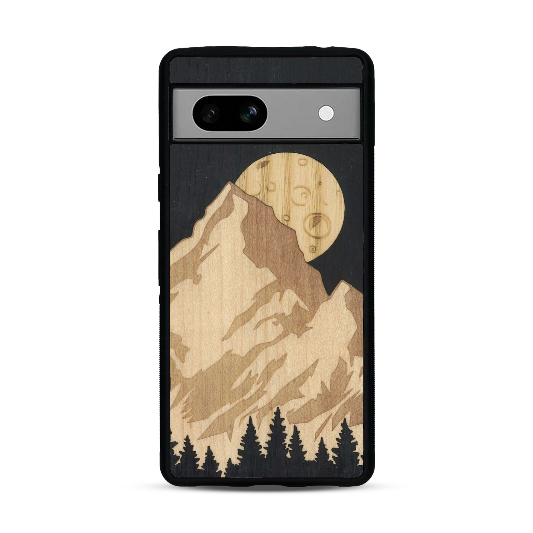 Coque de protection en bois véritable fabriquée en France pour Google Pixel 7A alliant plusieurs essences de bois pour représenter le mont Everest
