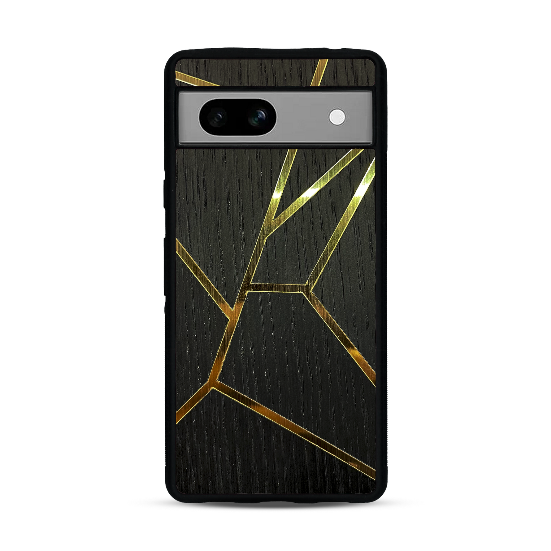 Coque de protection en bois véritable fabriquée en France pour Google Pixel 7A alliant plusieurs essences de bois pour représenter des fragments design