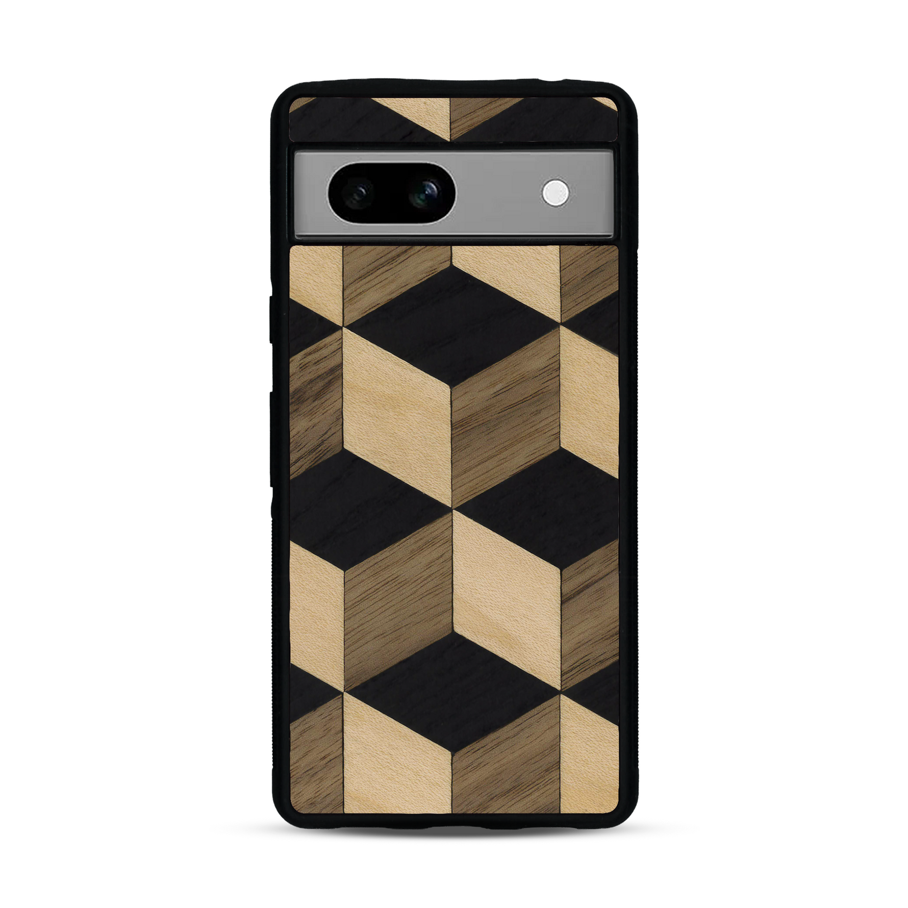 Coque de protection en bois véritable fabriquée en France pour Google Pixel 7A alliant plusieurs essences de bois pour représenter un classique intemporel de la marqueterie