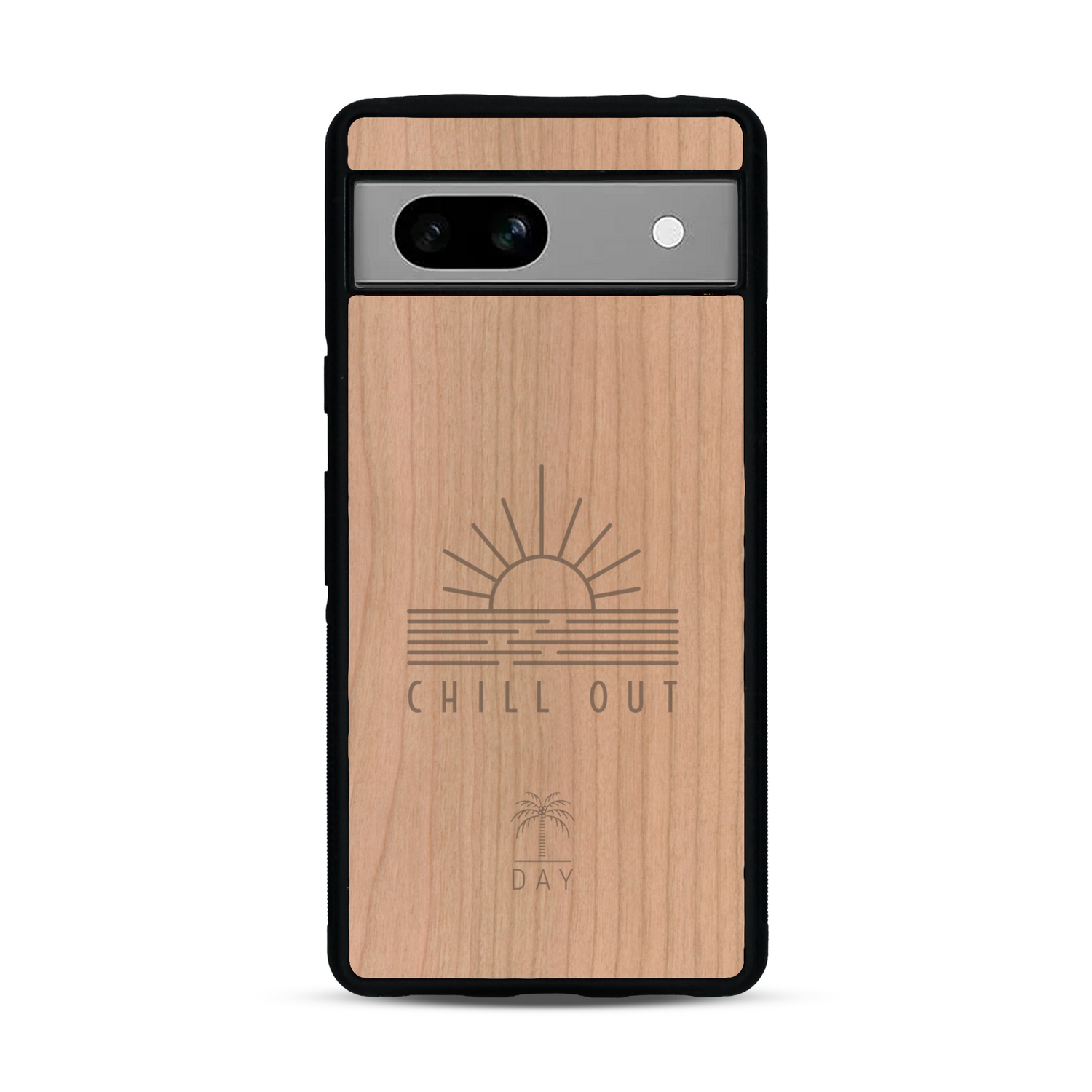 Coque de protection en bois véritable fabriquée en France pour  sur le thème chill avec un motif représentant un couché de soleil sur l'océan et la phrase "Chill out"